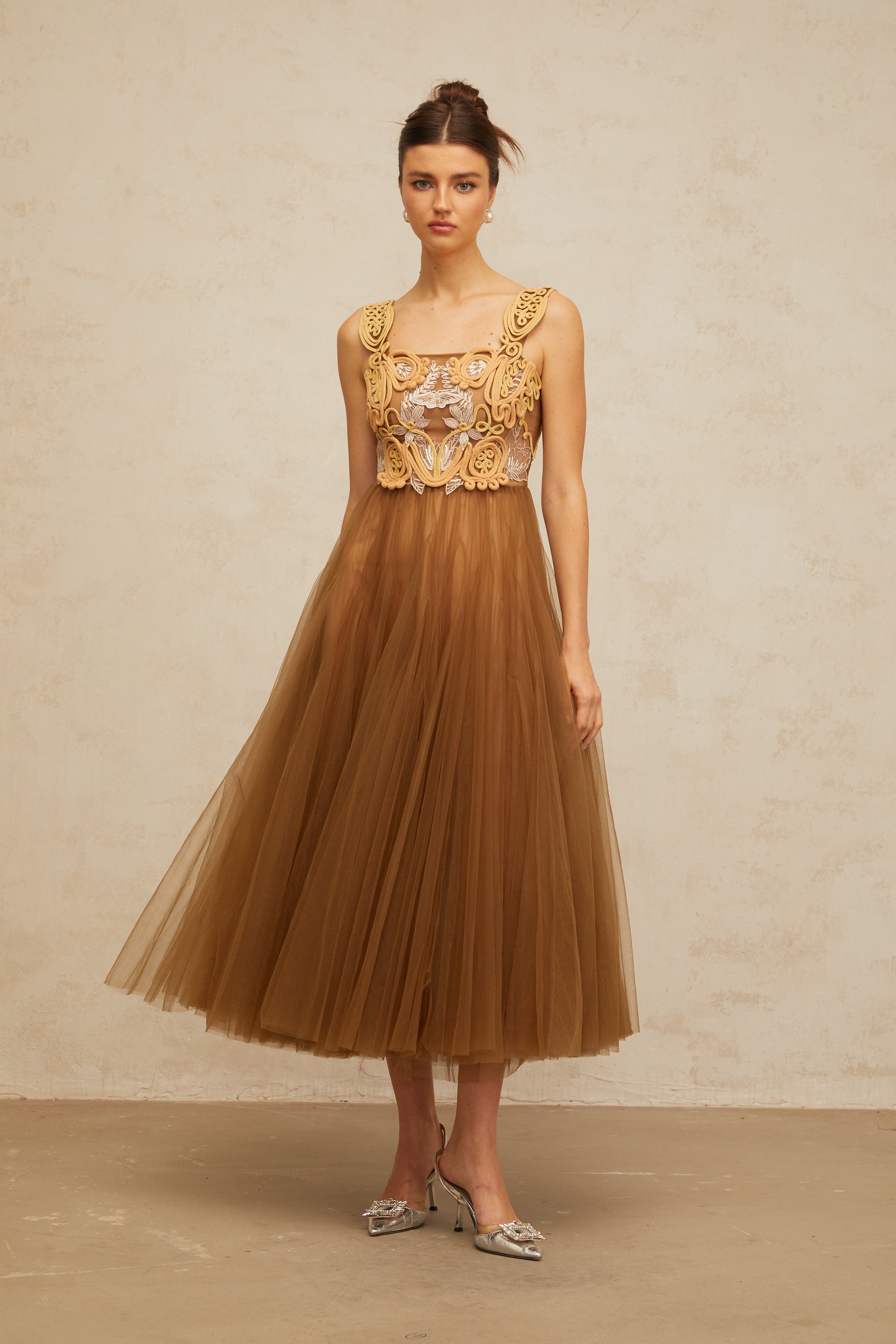 Elodie brown braid-detail tulle midi dress