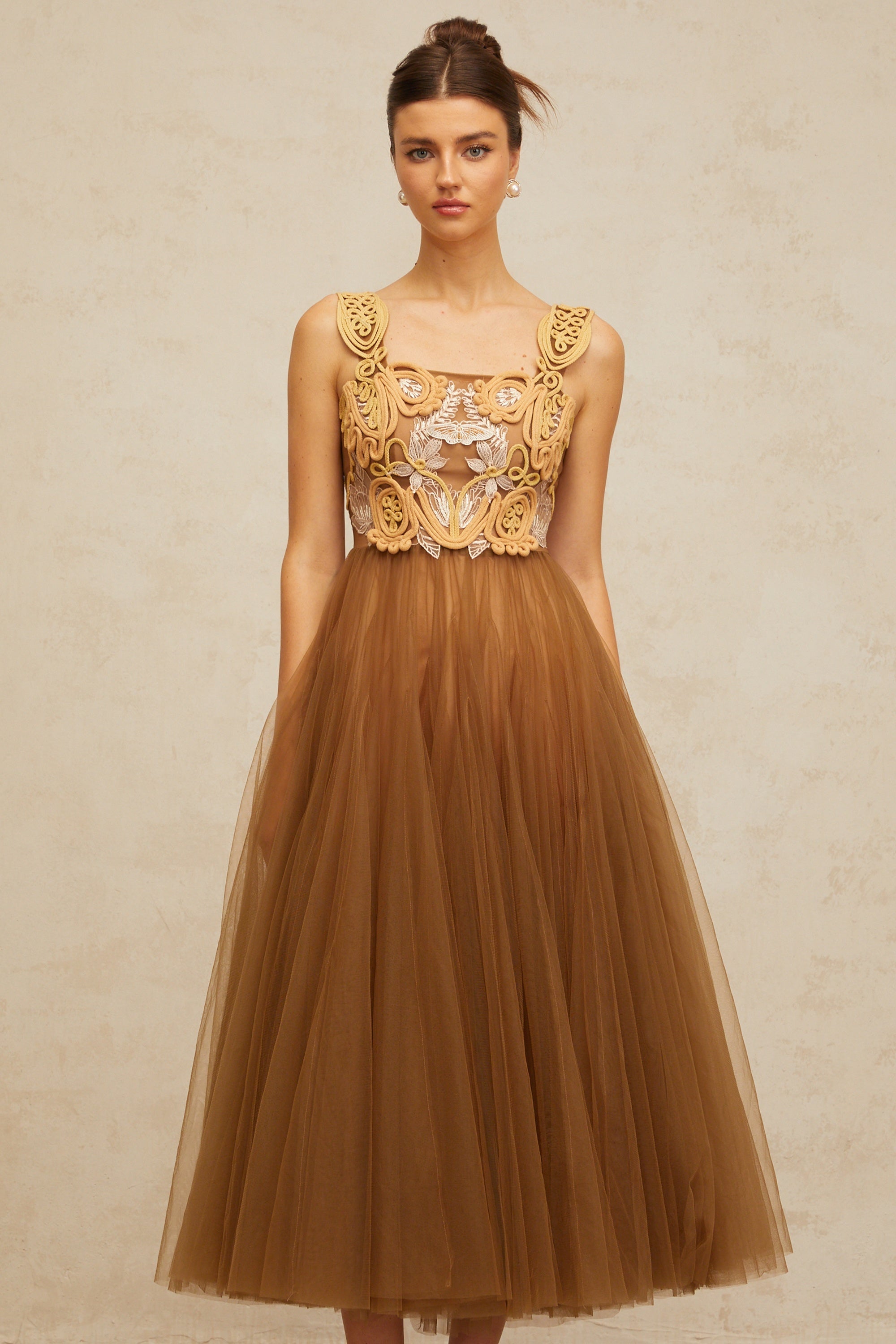 Elodie brown braid-detail tulle midi dress