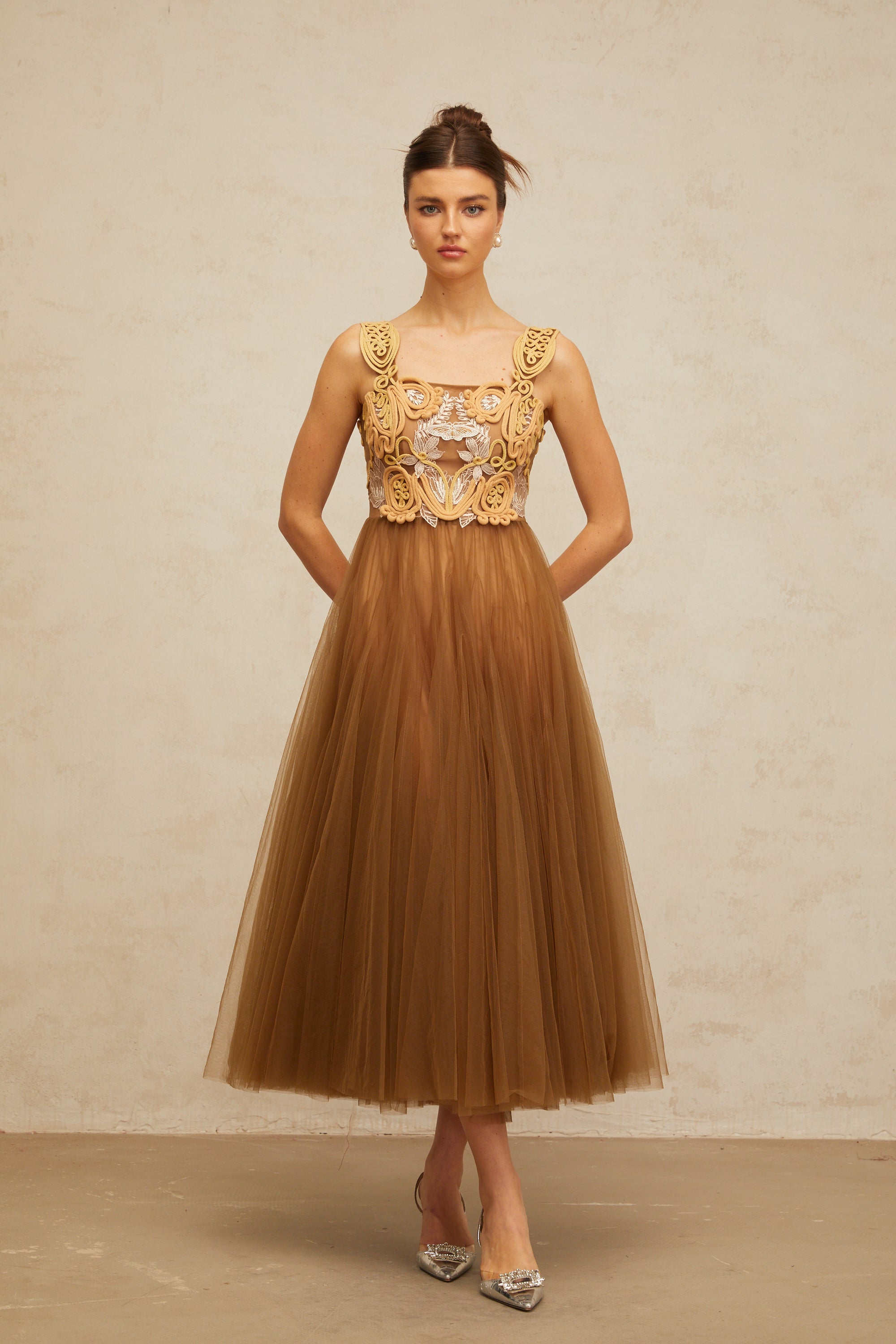 Elodie brown braid-detail tulle midi dress
