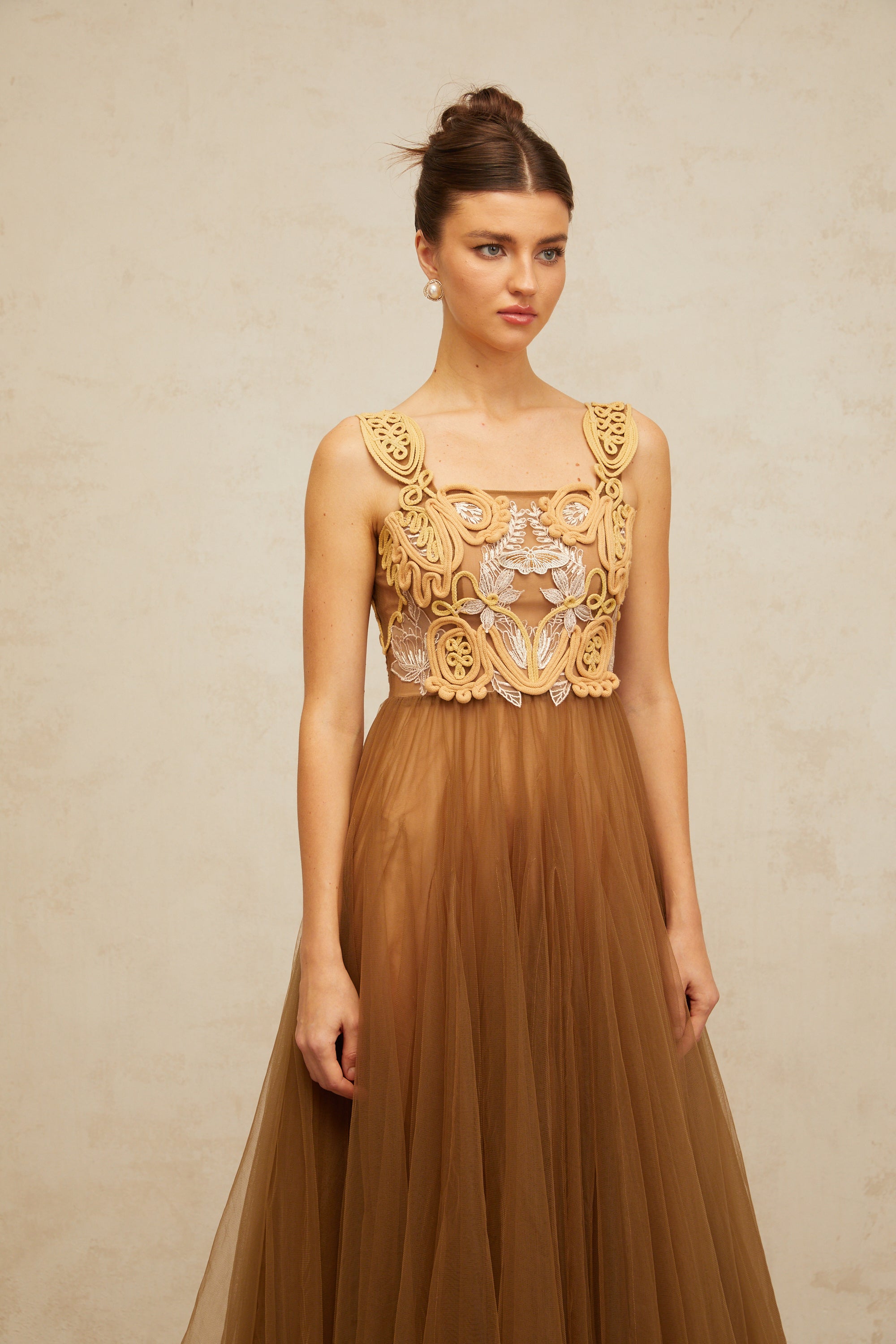 Elodie brown braid-detail tulle midi dress