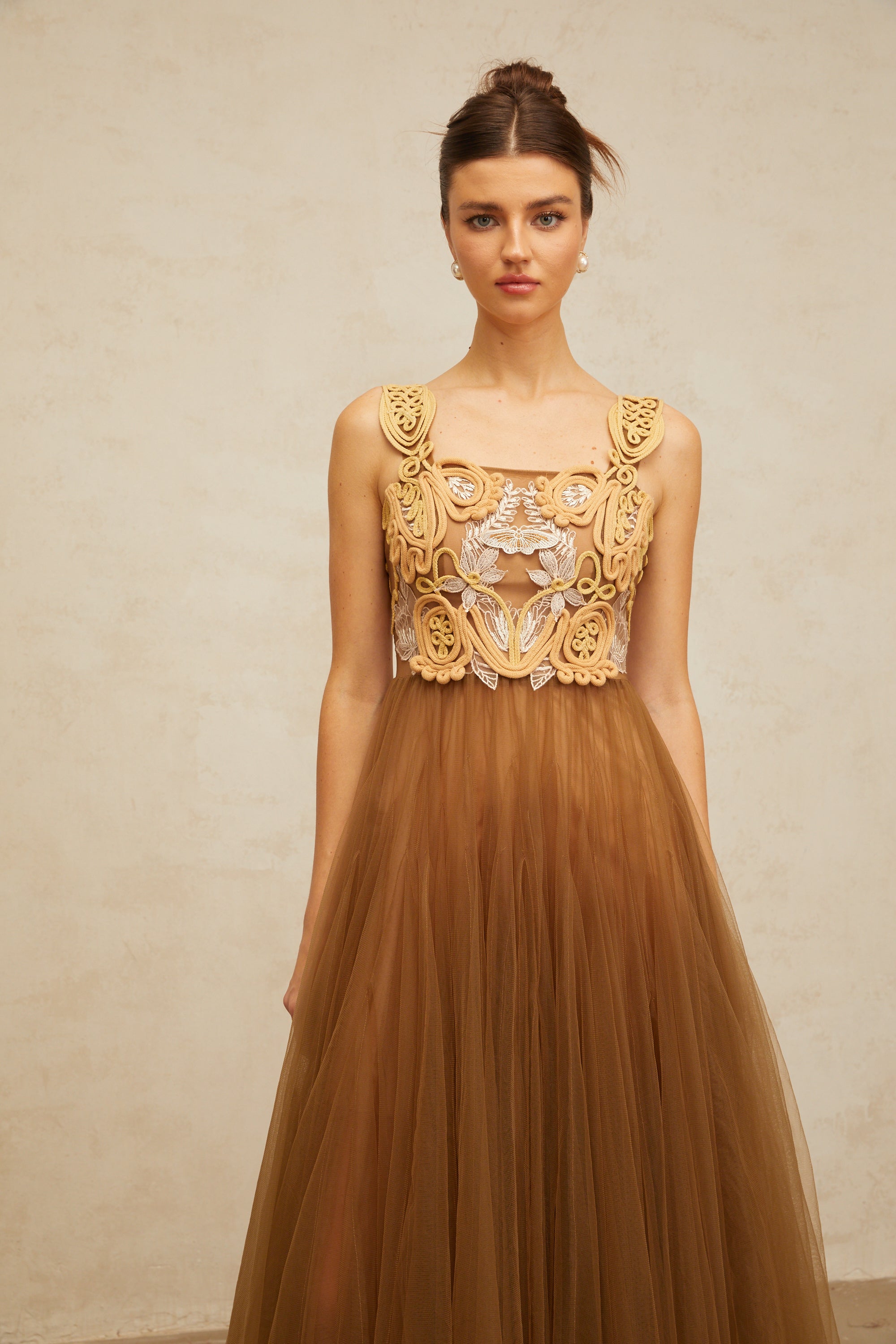 Elodie brown braid-detail tulle midi dress