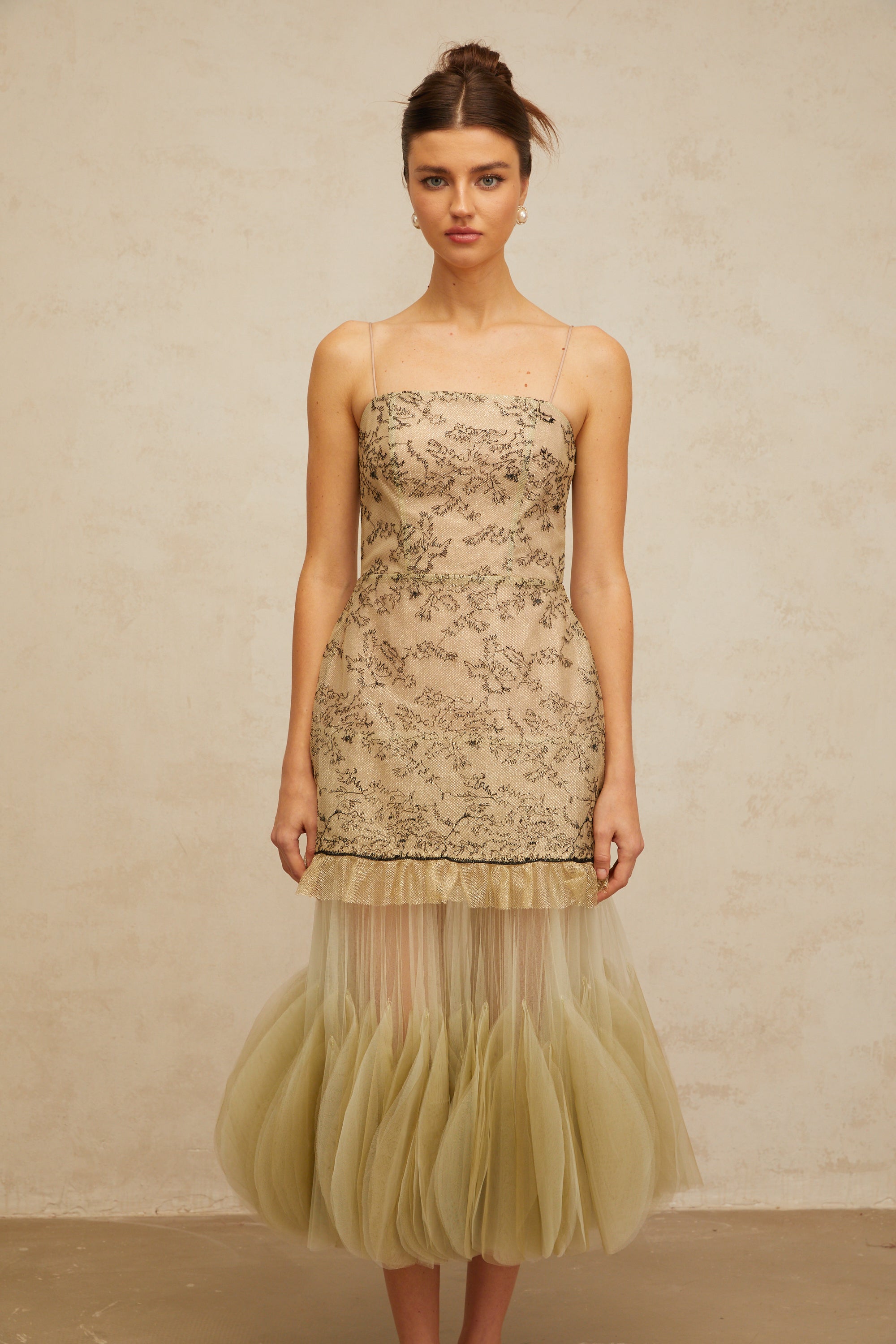 Mathilde green embroidered panelled midi dress