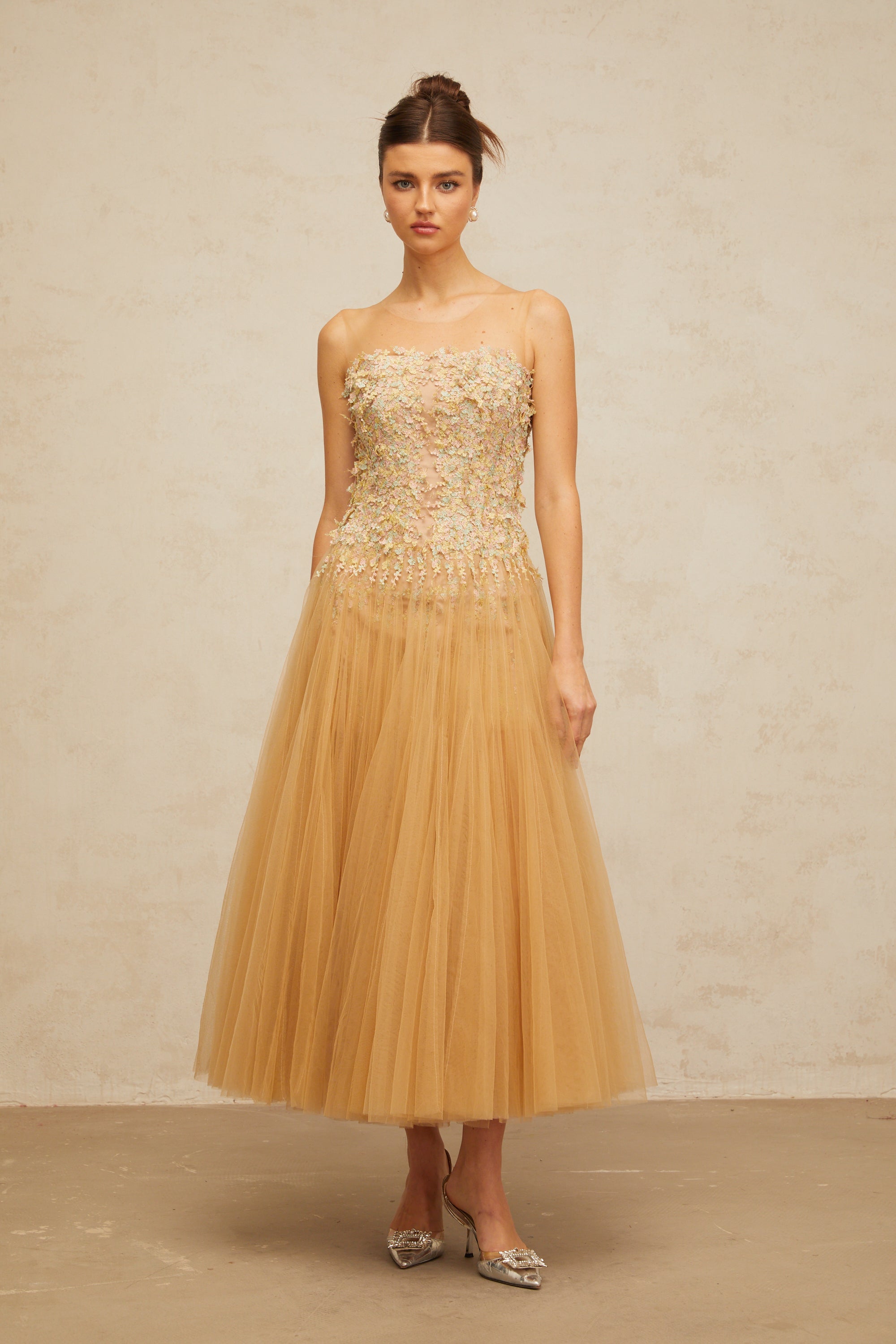Aurore neutrals pleated sequined tulle midi dress