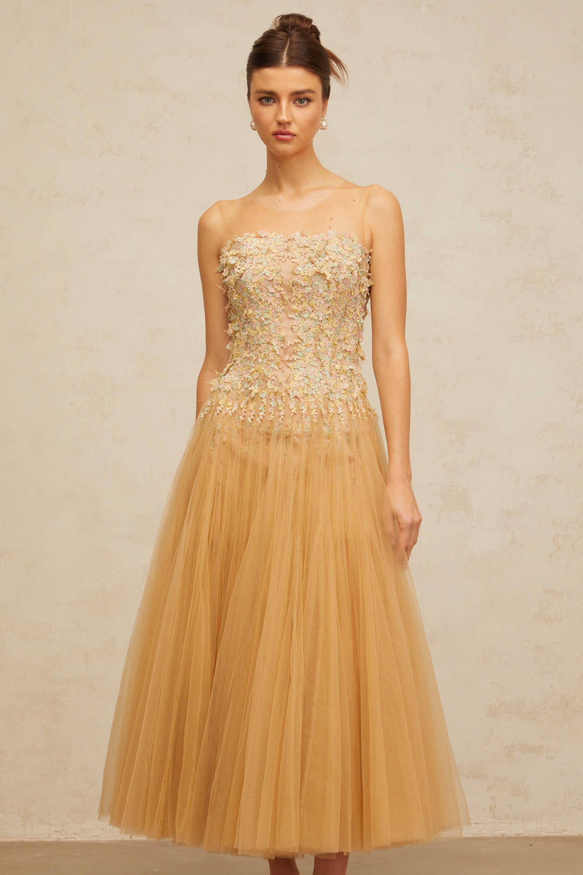 Aurore neutrals pleated sequined tulle midi dress