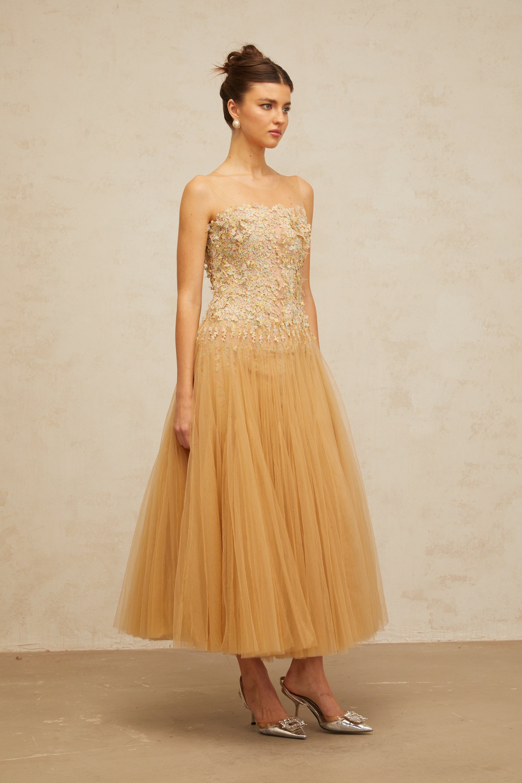 Aurore neutrals pleated sequined tulle midi dress
