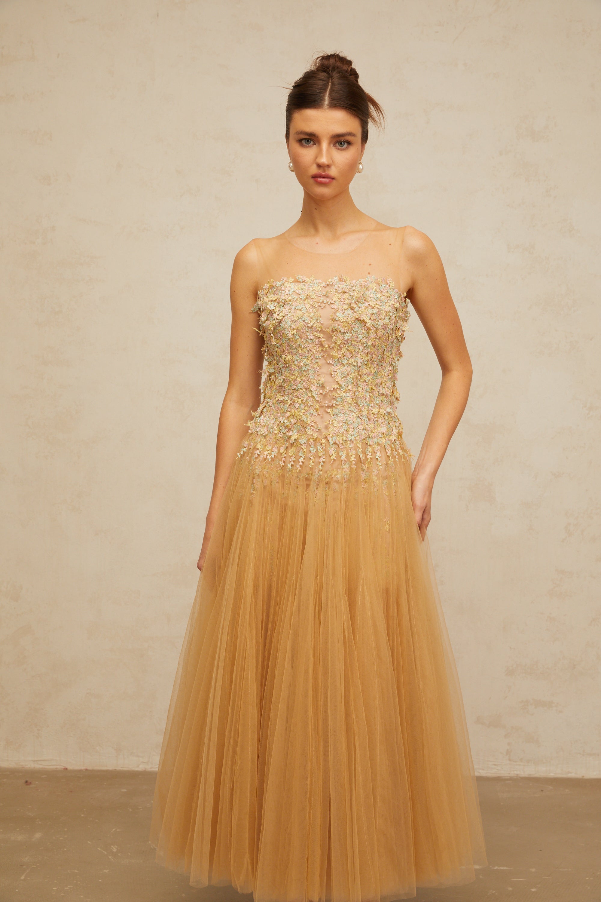 Aurore neutrals pleated sequined tulle midi dress