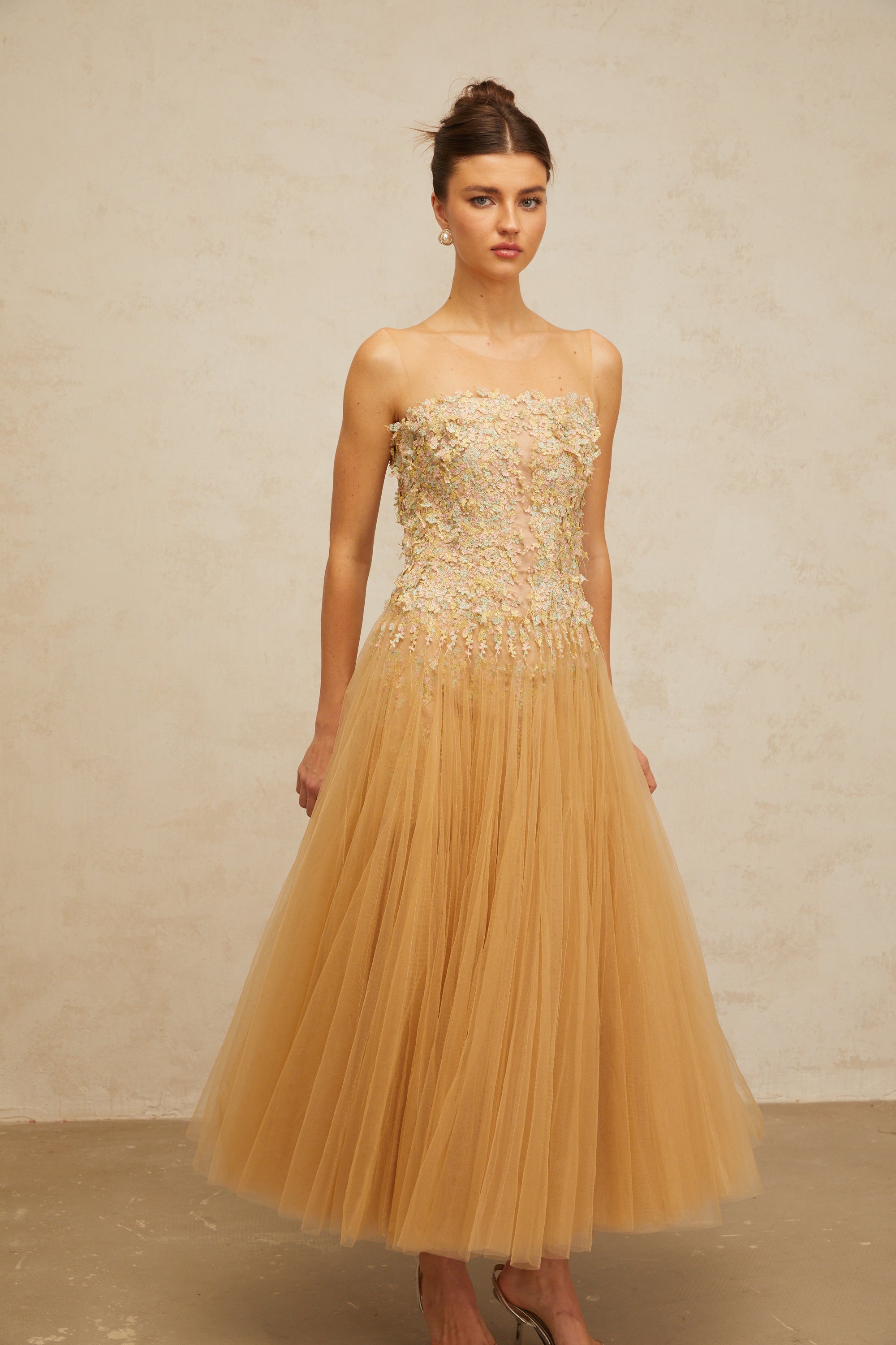 Aurore neutrals pleated sequined tulle midi dress