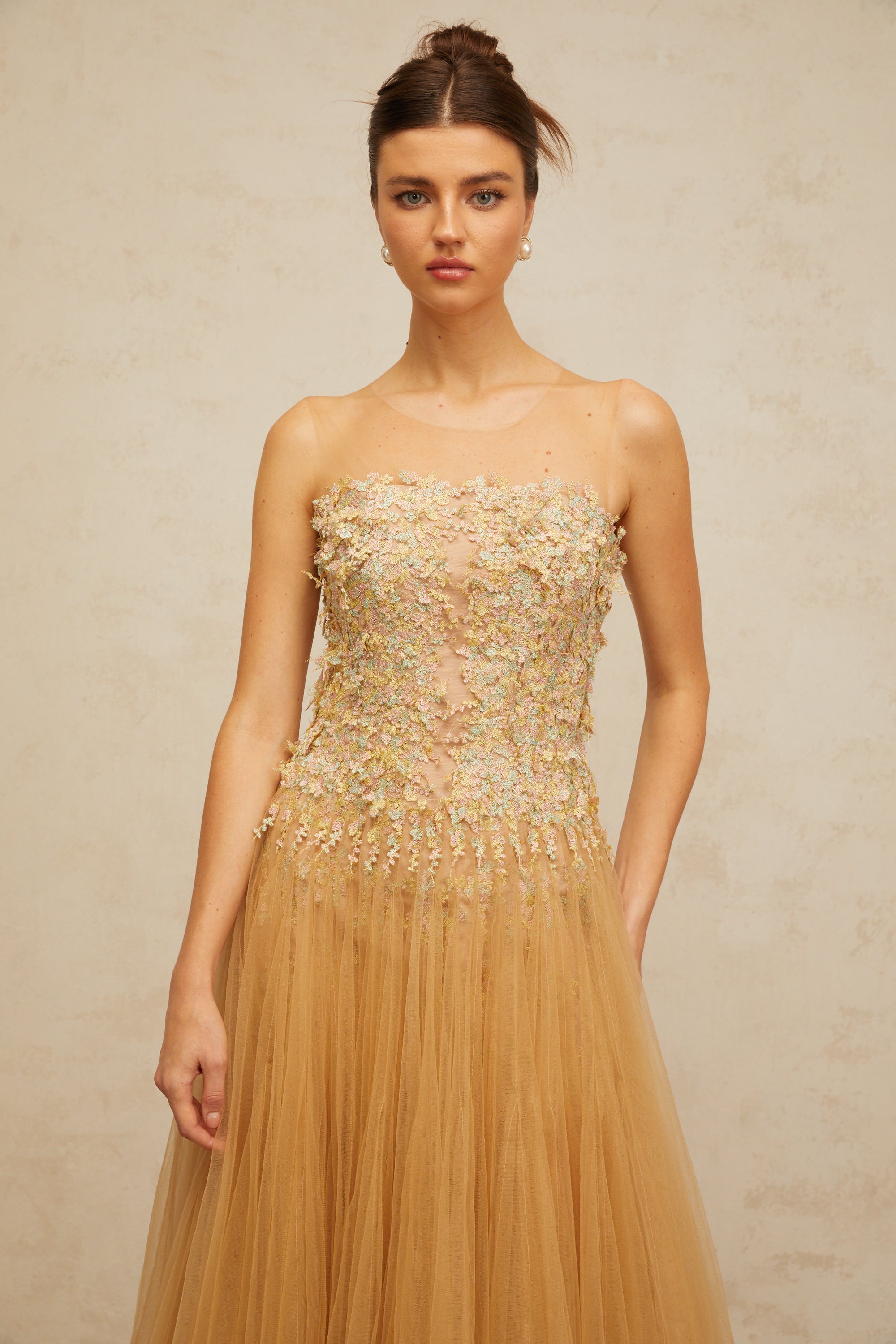 Aurore neutrals pleated sequined tulle midi dress