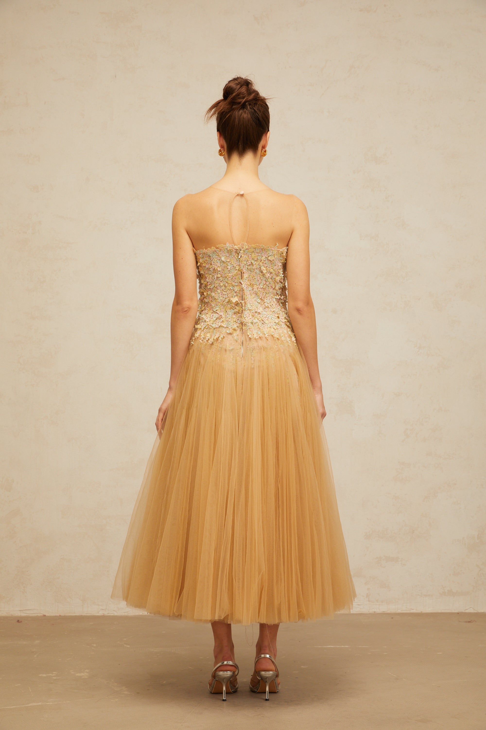 Aurore neutrals pleated sequined tulle midi dress