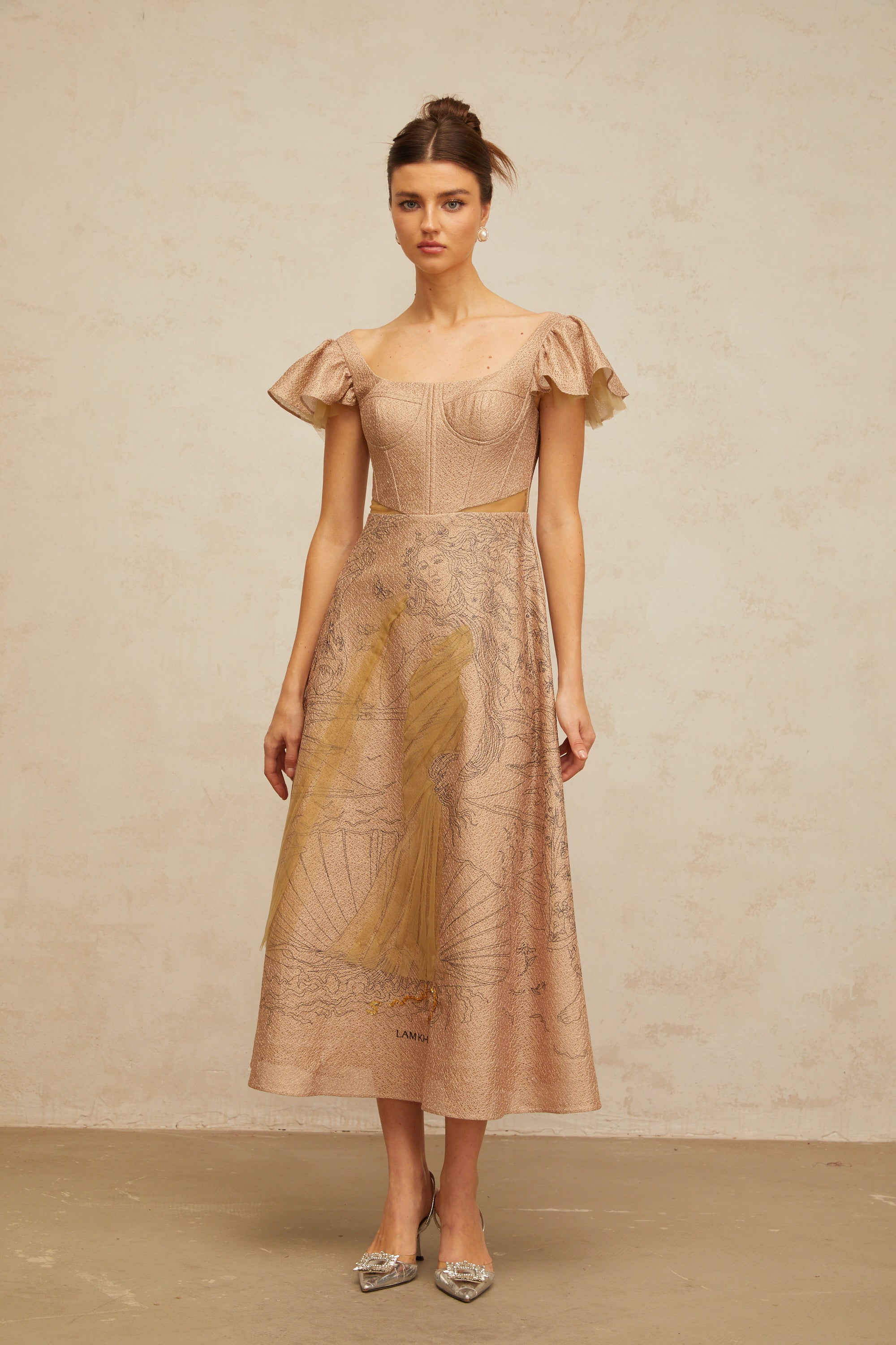 Giada khaki graphic-print flared midi dress