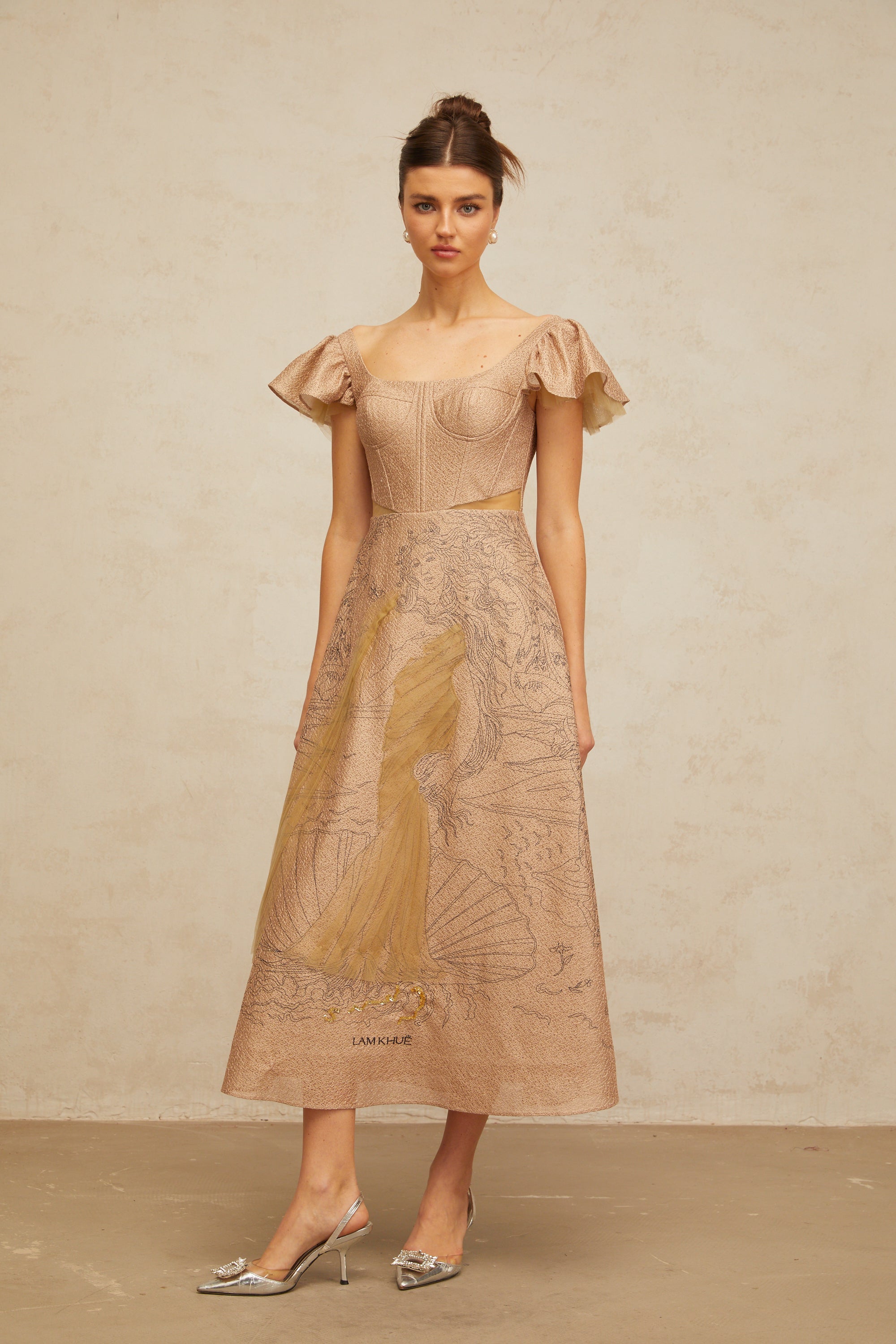 Giada khaki graphic-print flared midi dress