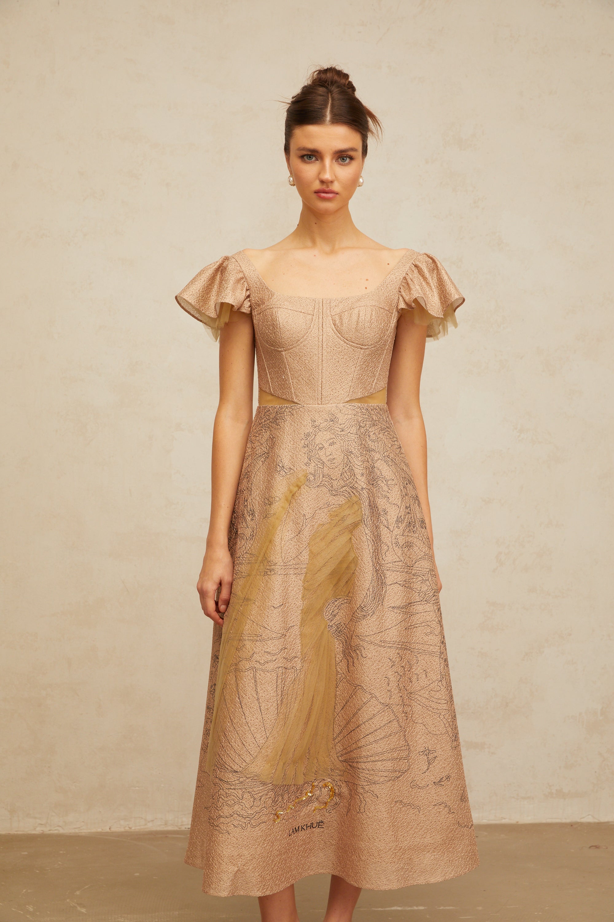 Giada khaki graphic-print flared midi dress