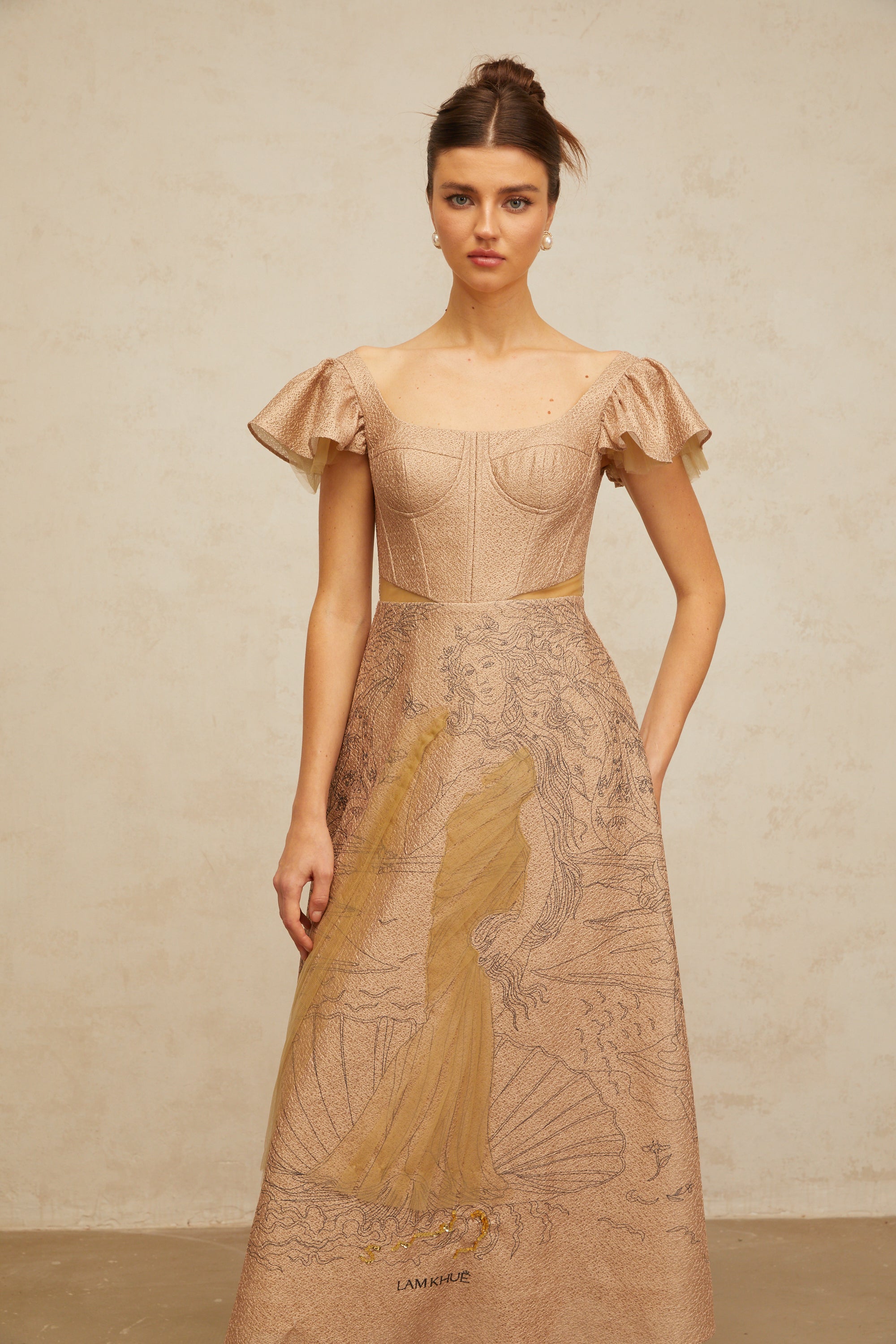 Giada khaki graphic-print flared midi dress
