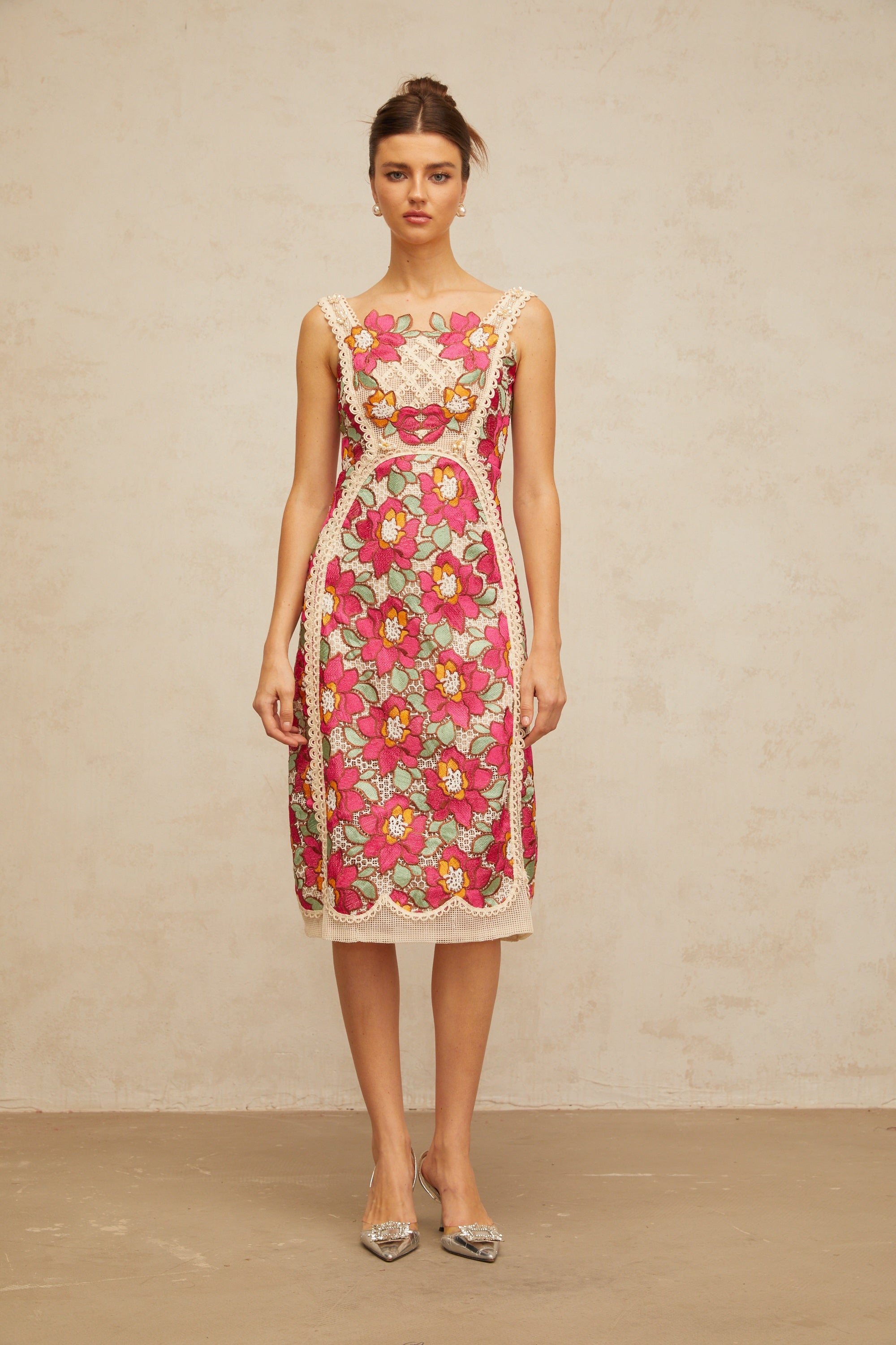 Nalini rose-pink braided floral-embroidered midi dress