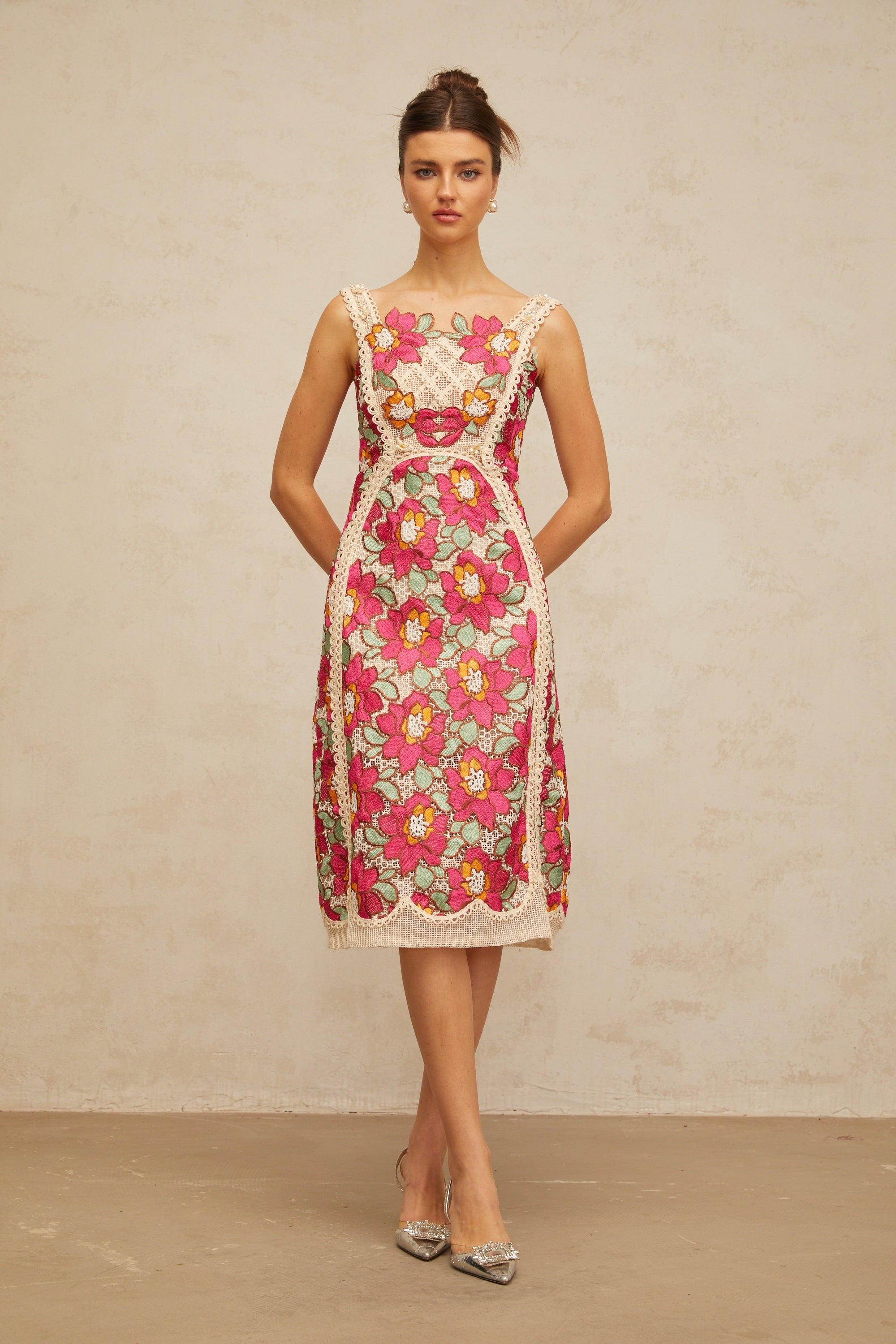 Nalini rose-pink braided floral-embroidered midi dress