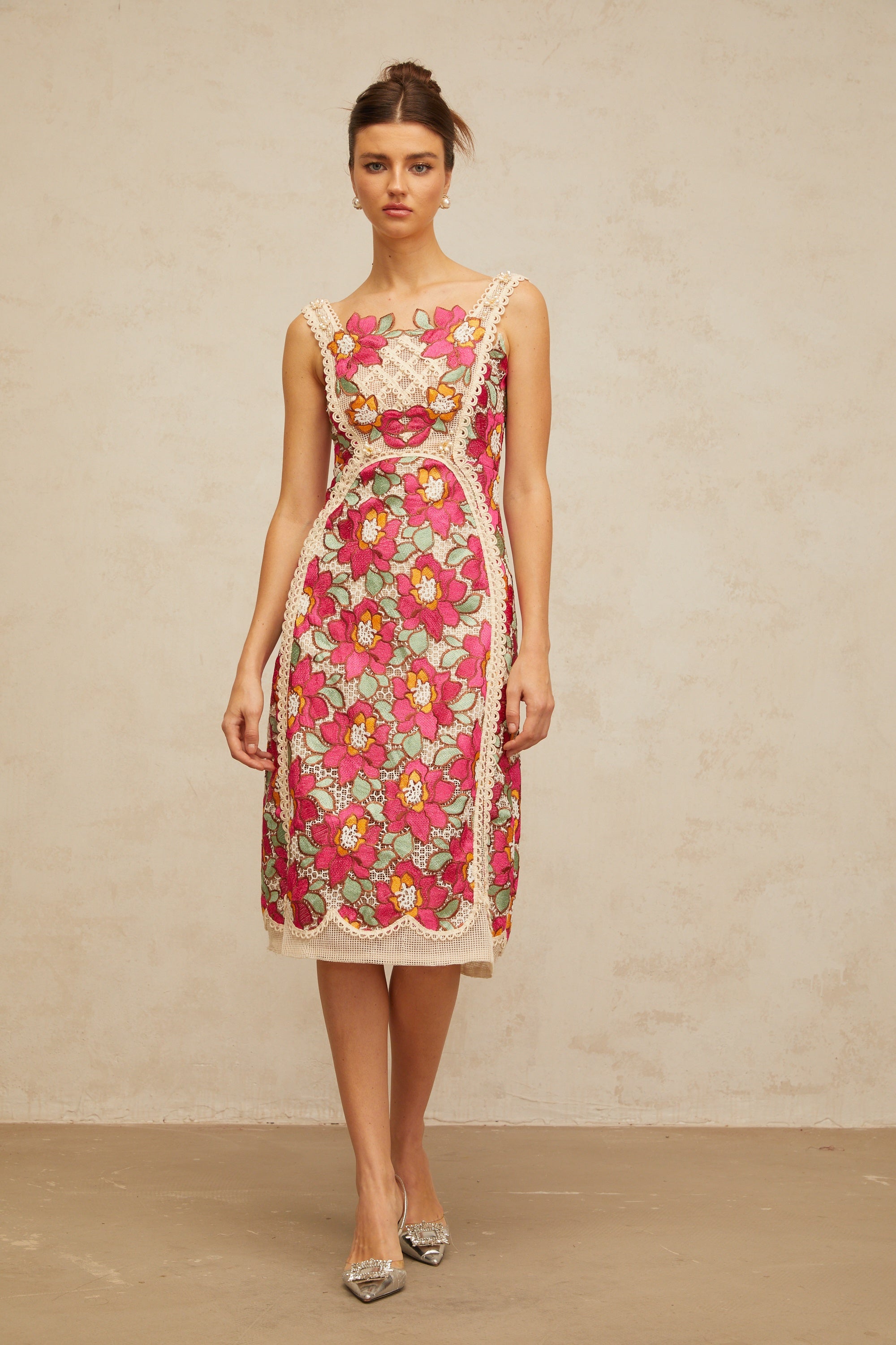 Nalini rose-pink braided floral-embroidered midi dress