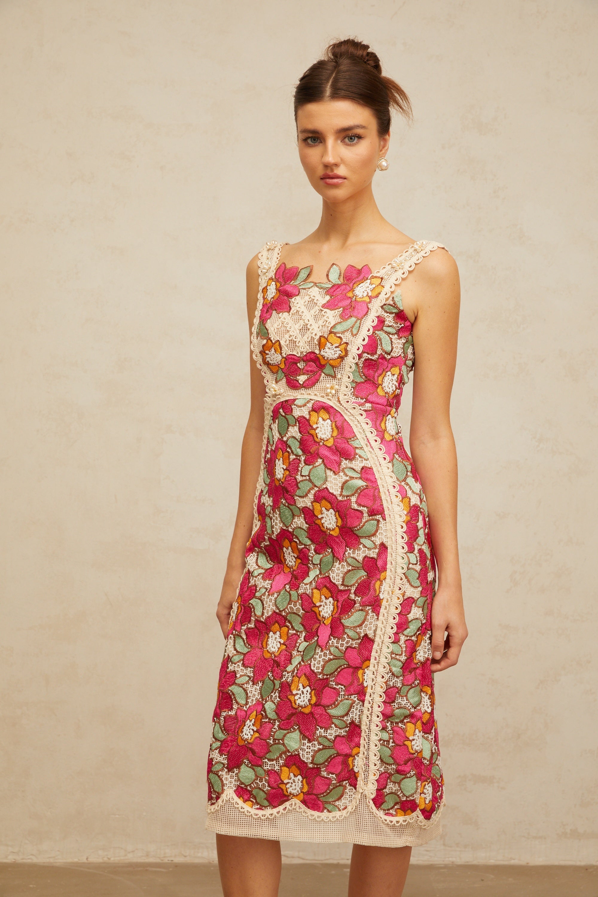 Nalini rose-pink braided floral-embroidered midi dress