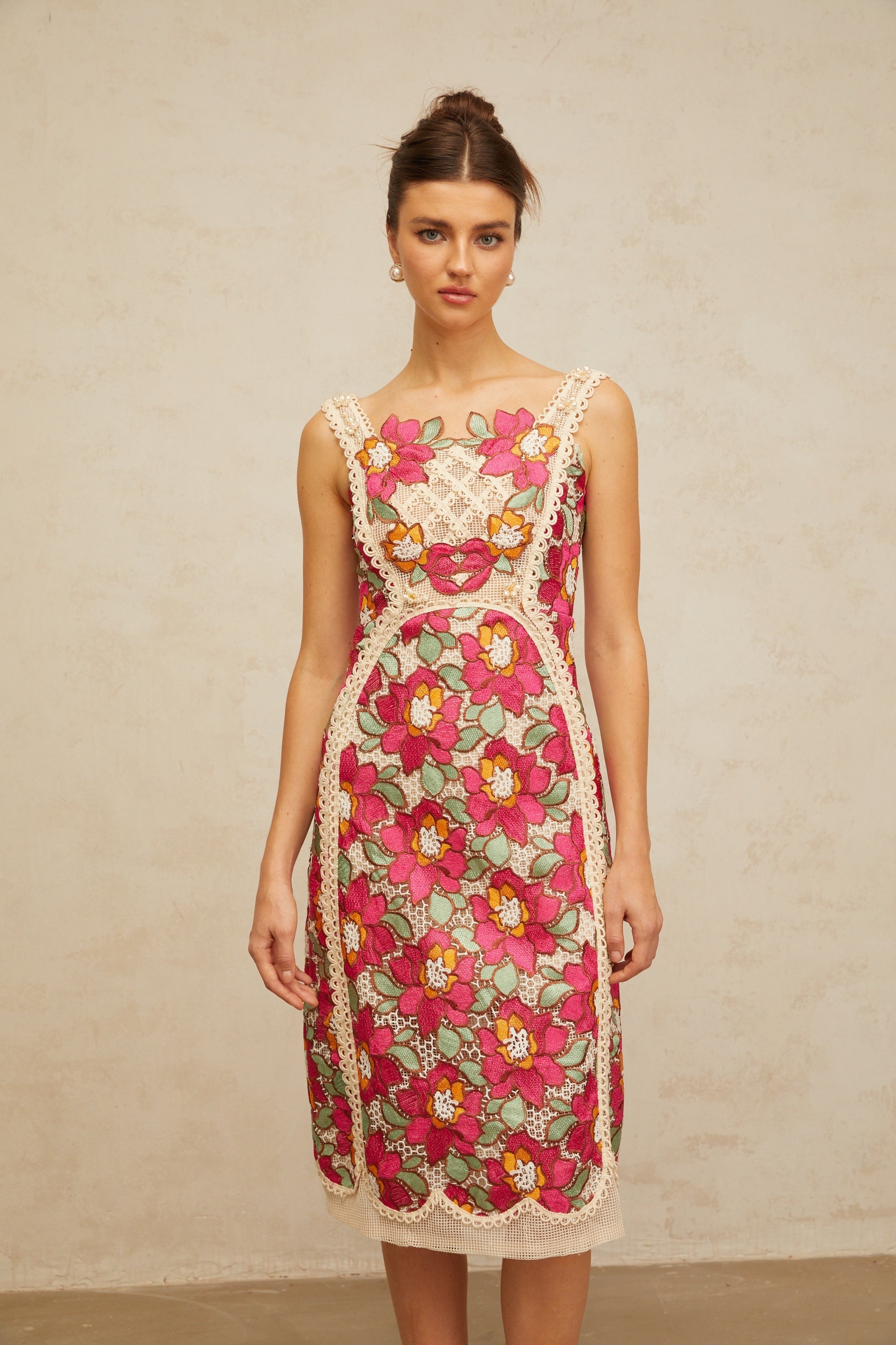 Nalini rose-pink braided floral-embroidered midi dress