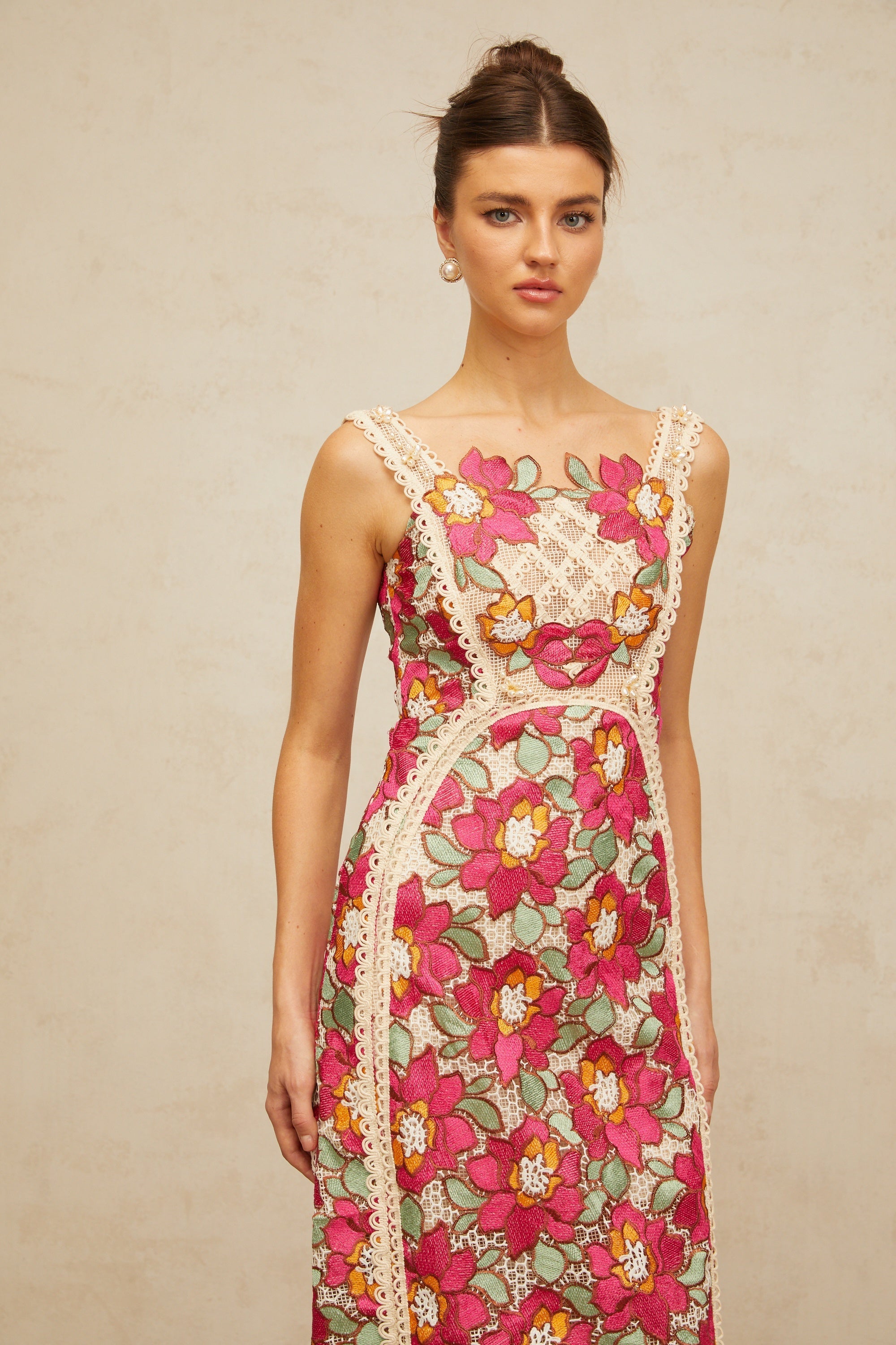 Nalini rose-pink braided floral-embroidered midi dress