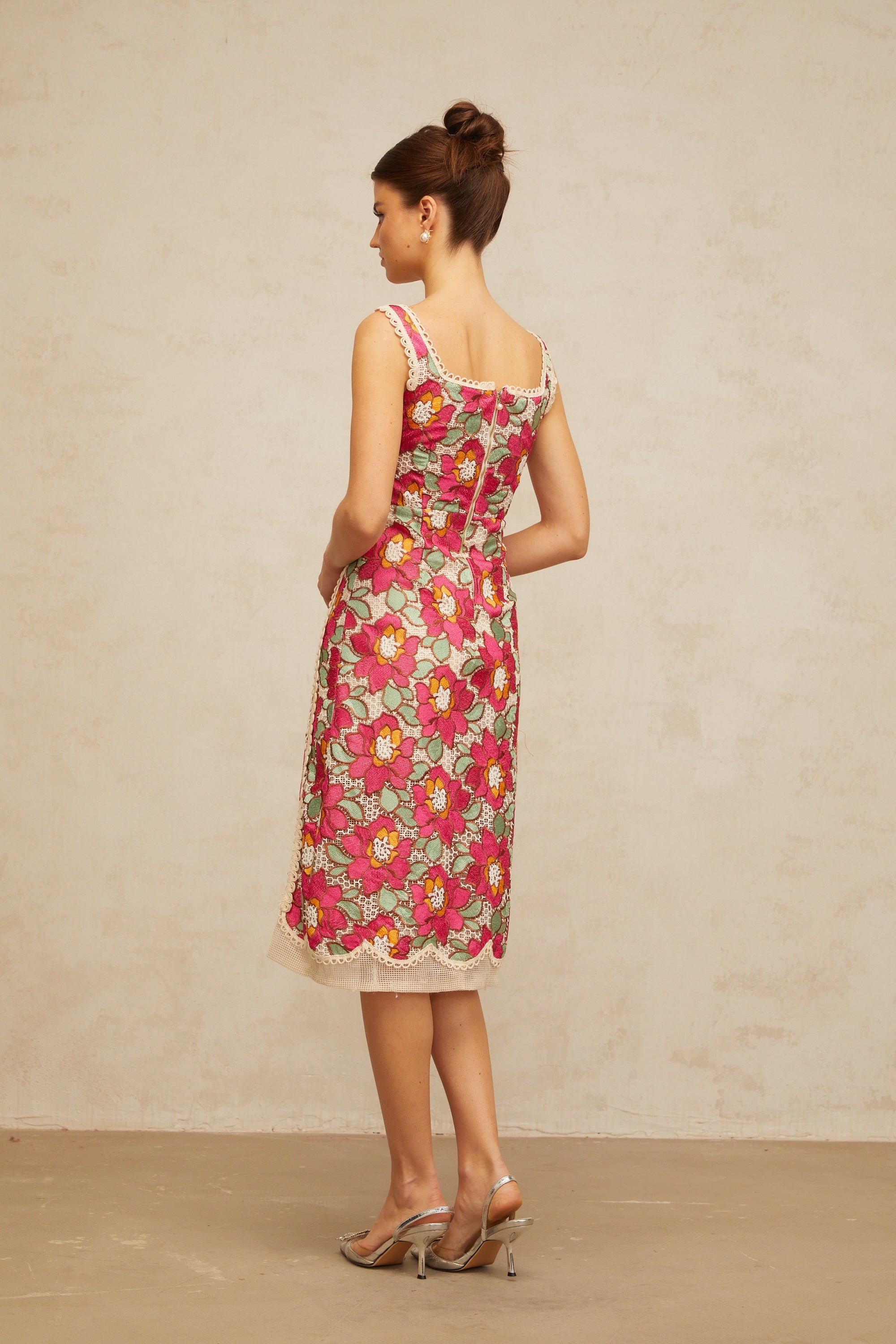 Nalini rose-pink braided floral-embroidered midi dress (Final Sale)