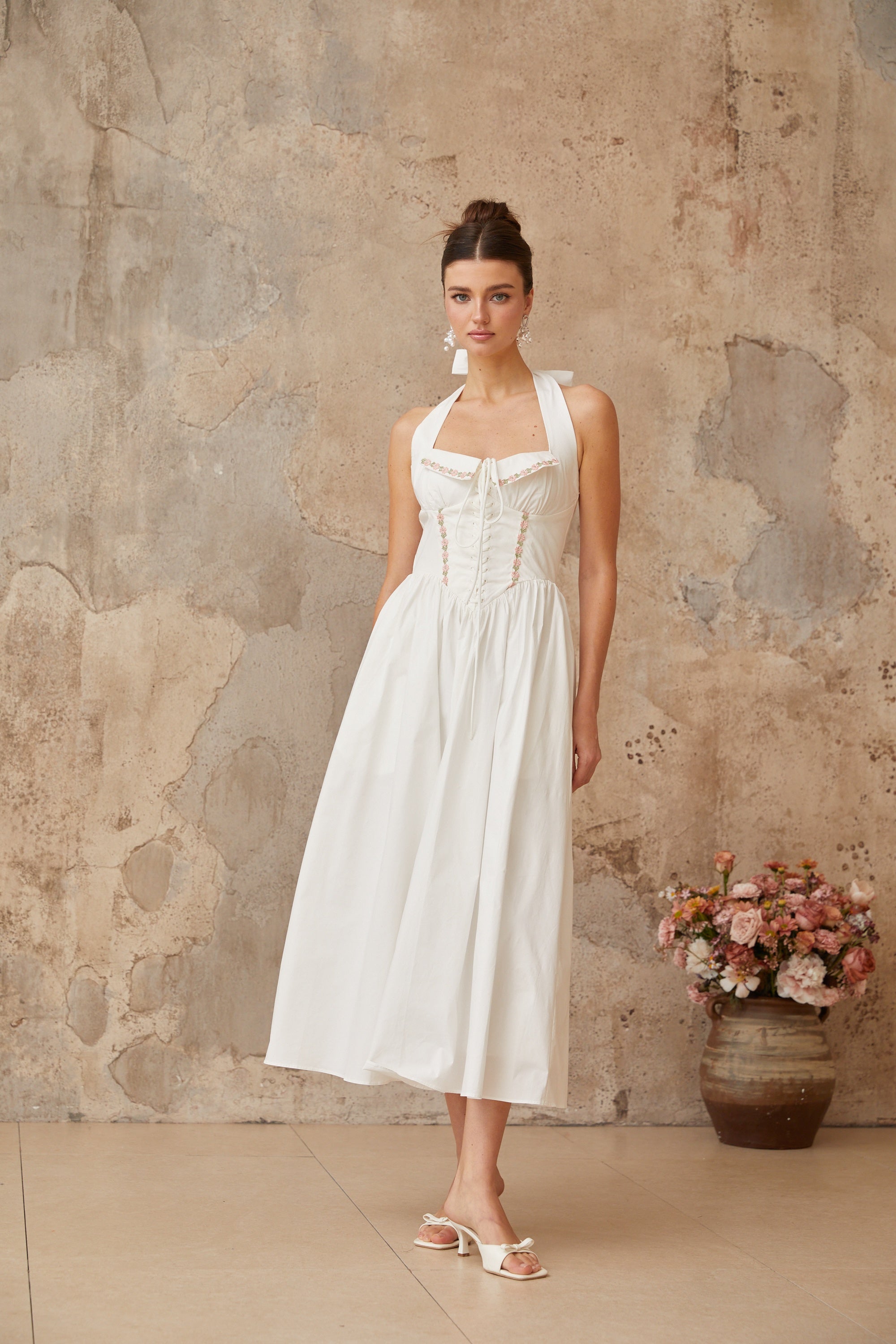 Dulcie white lace-up-detail shirred midi dress