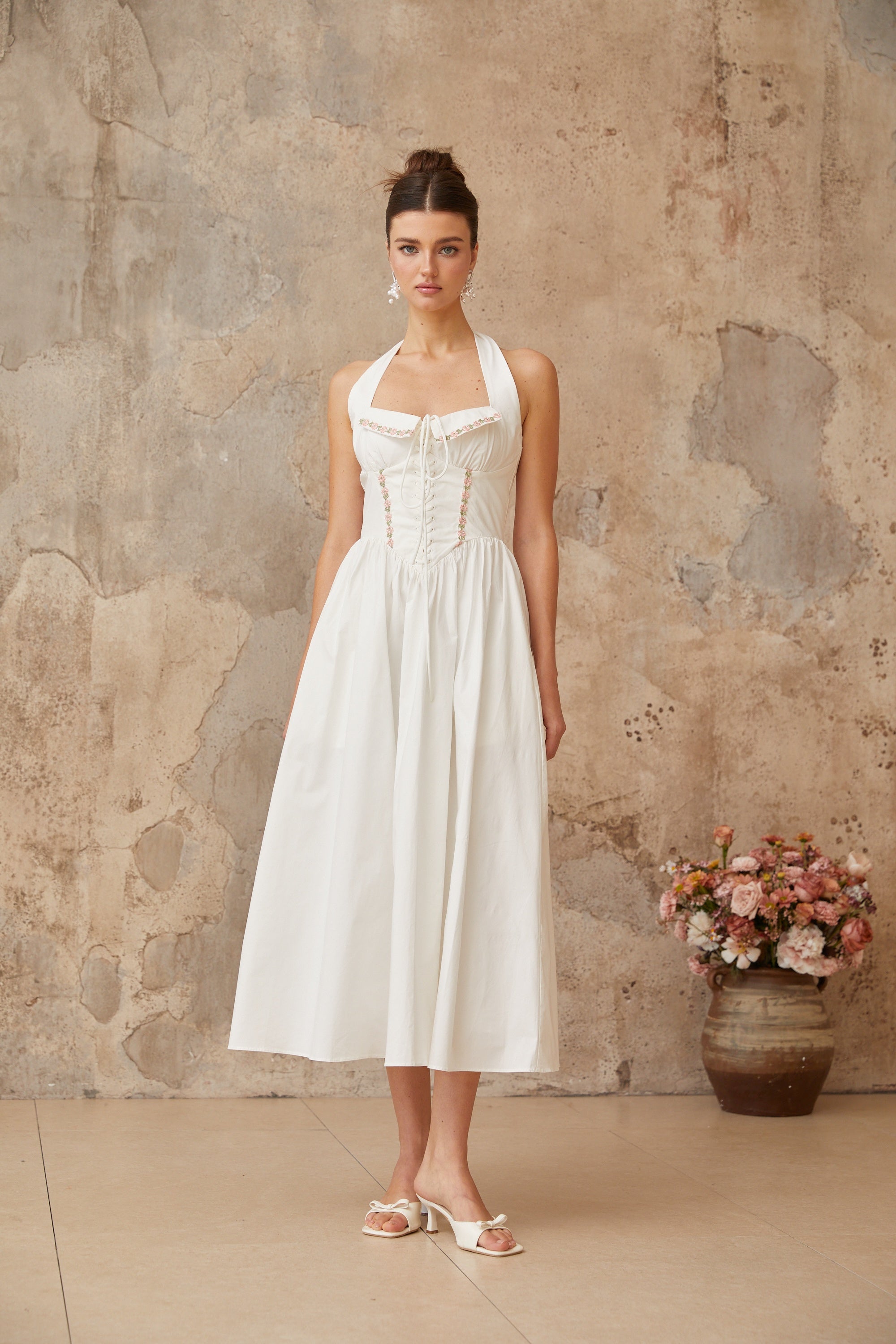 Dulcie white lace-up-detail shirred midi dress