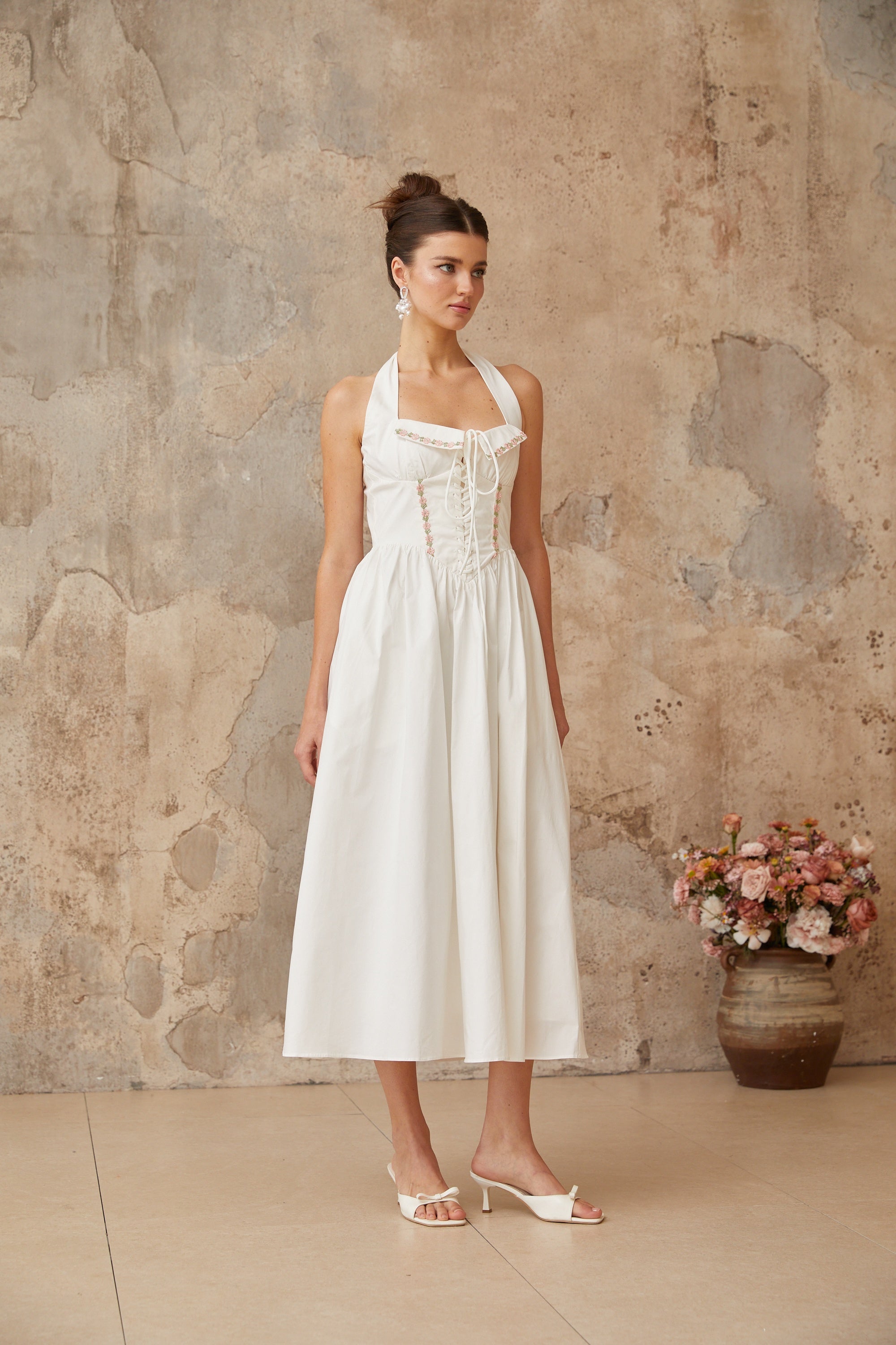 Dulcie white lace-up-detail shirred midi dress