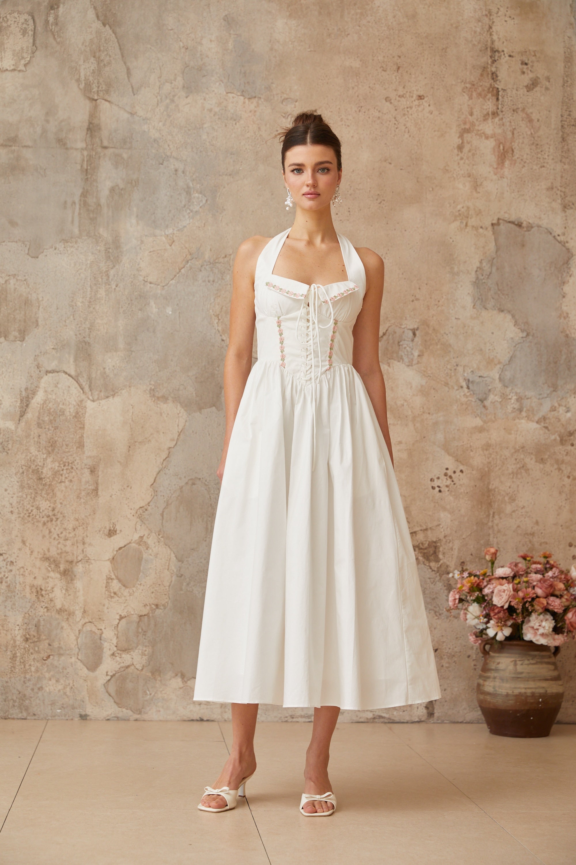 Dulcie white lace-up-detail shirred midi dress