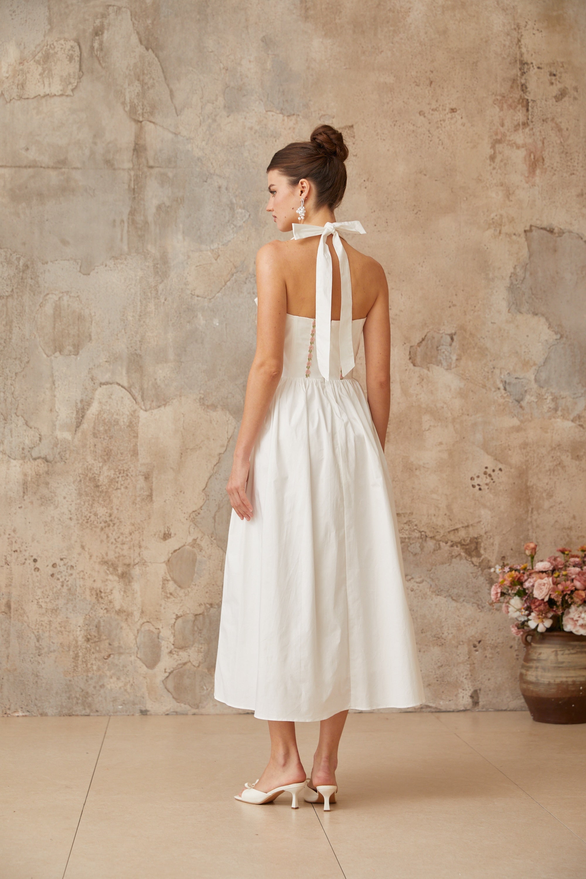 Dulcie white lace-up-detail shirred midi dress