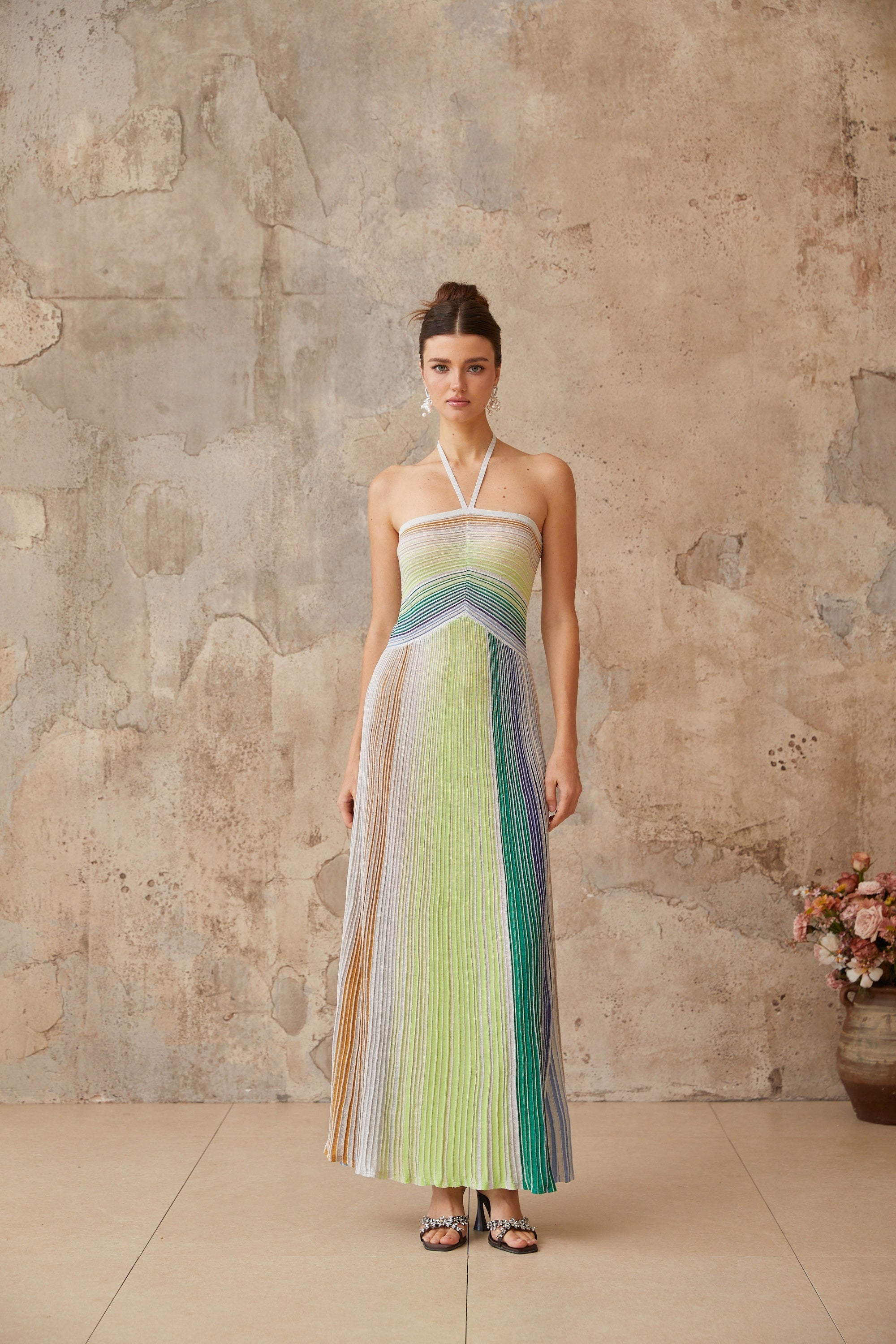 Ulysse halterneck metallic knit maxi dress in Green