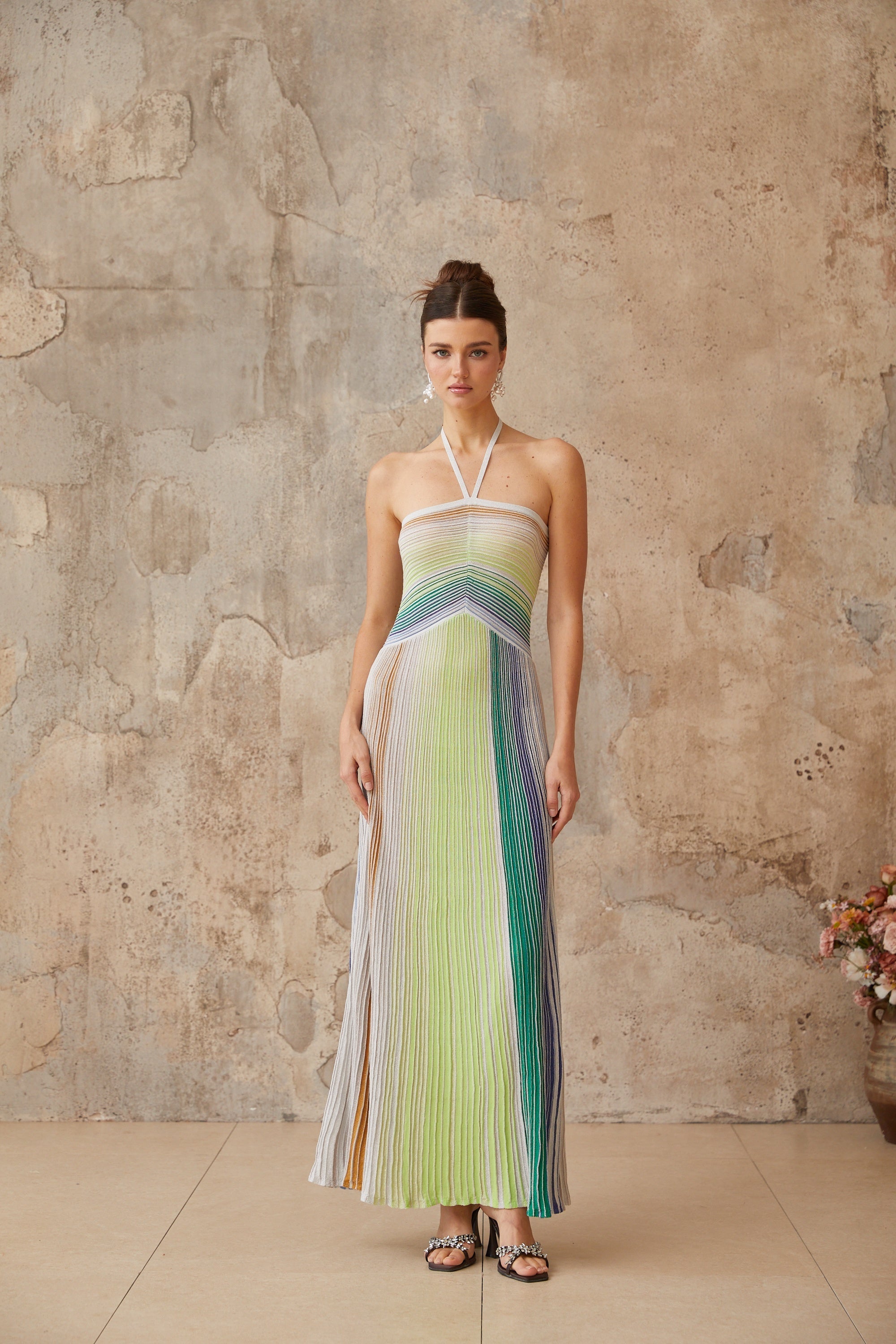 Ulysse halterneck metallic knit maxi dress in Green