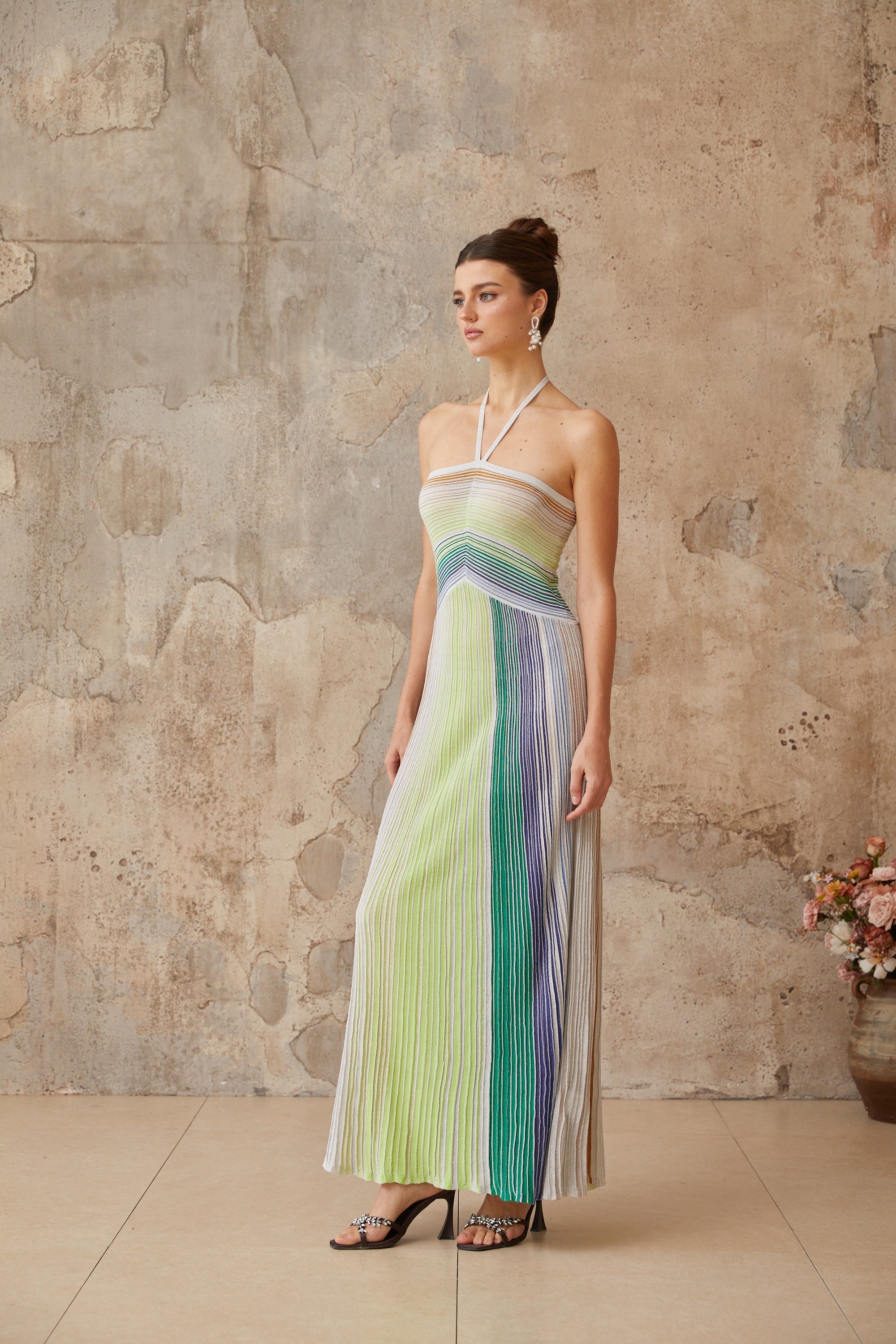 Ulysse halterneck metallic knit maxi dress in Green