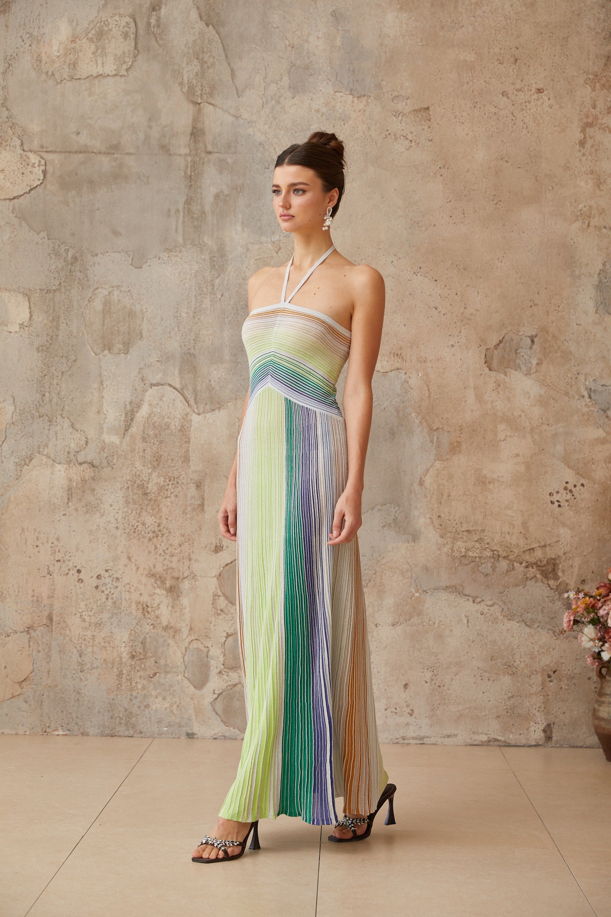 Ulysse halterneck metallic knit maxi dress in Green
