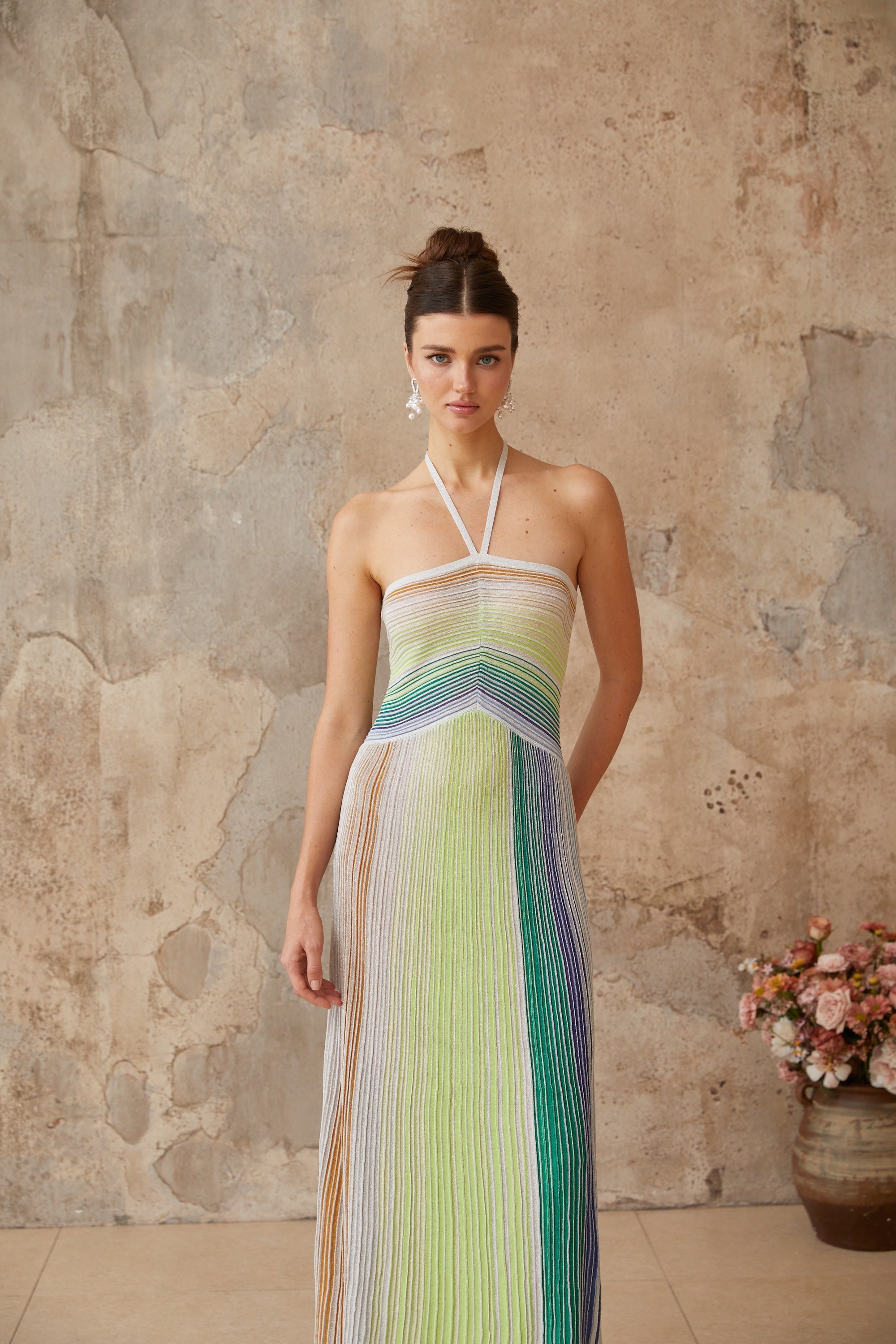 Ulysse halterneck metallic knit maxi dress in Green