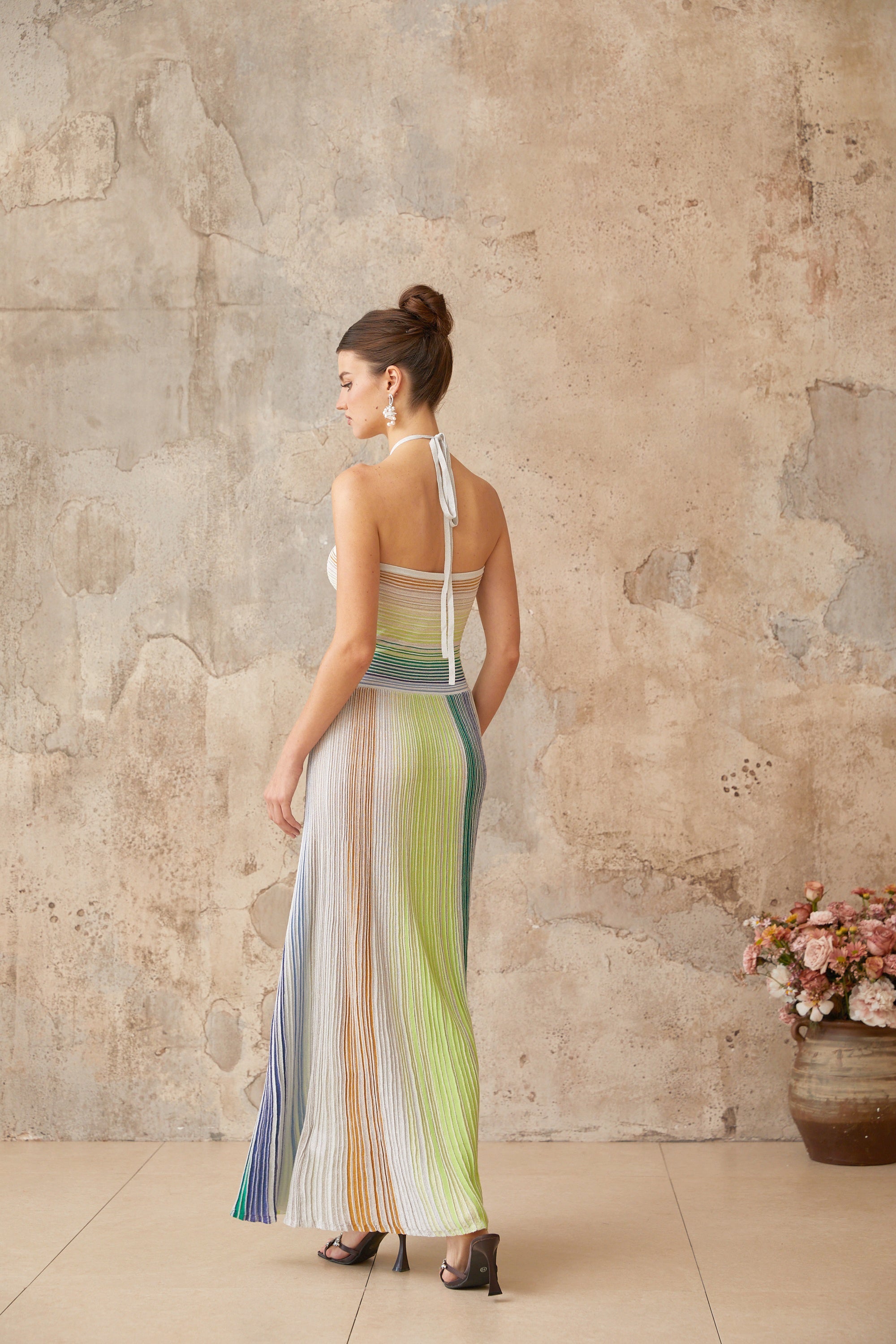 Ulysse halterneck metallic knit maxi dress in Green