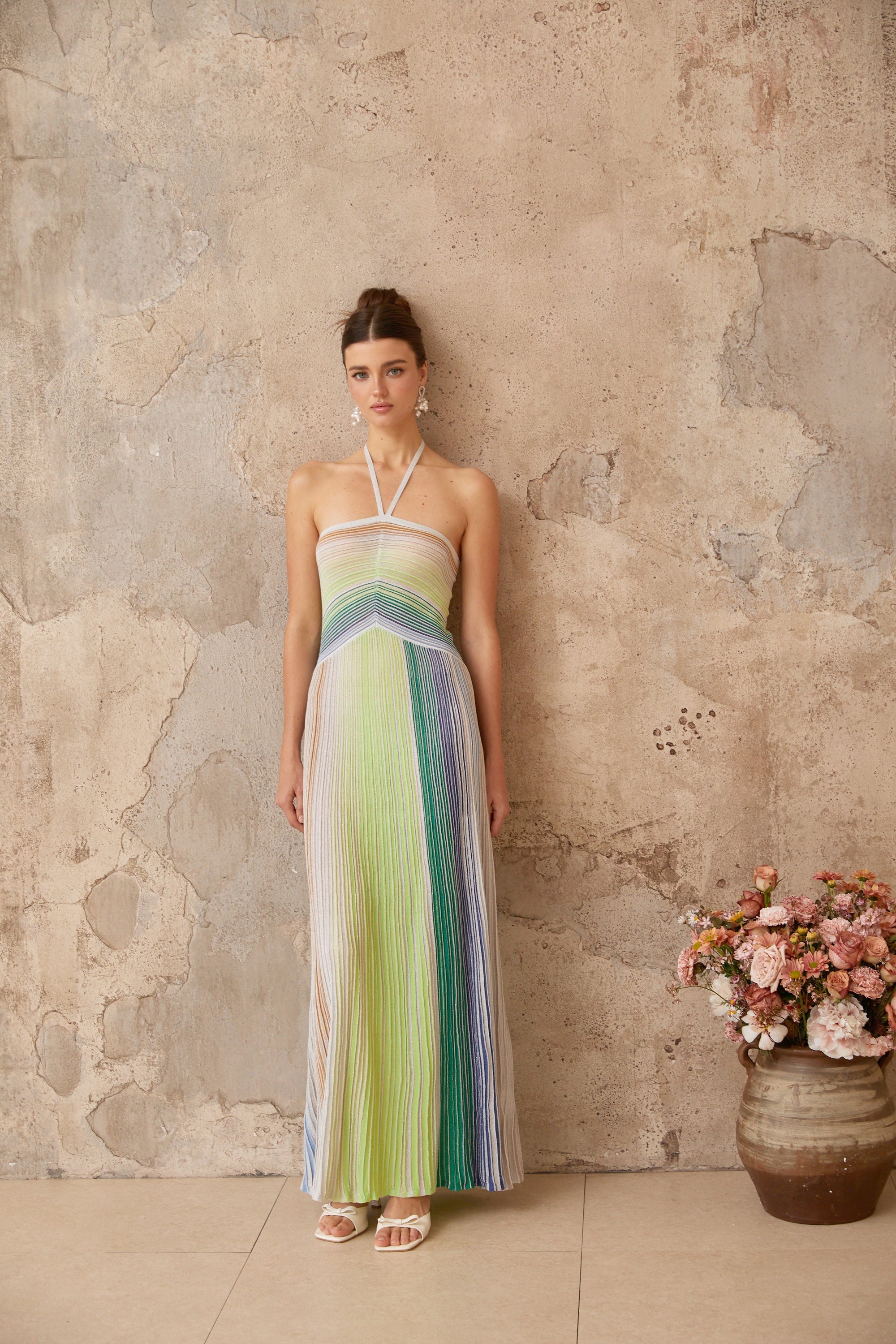 Ulysse halterneck metallic knit maxi dress in Green