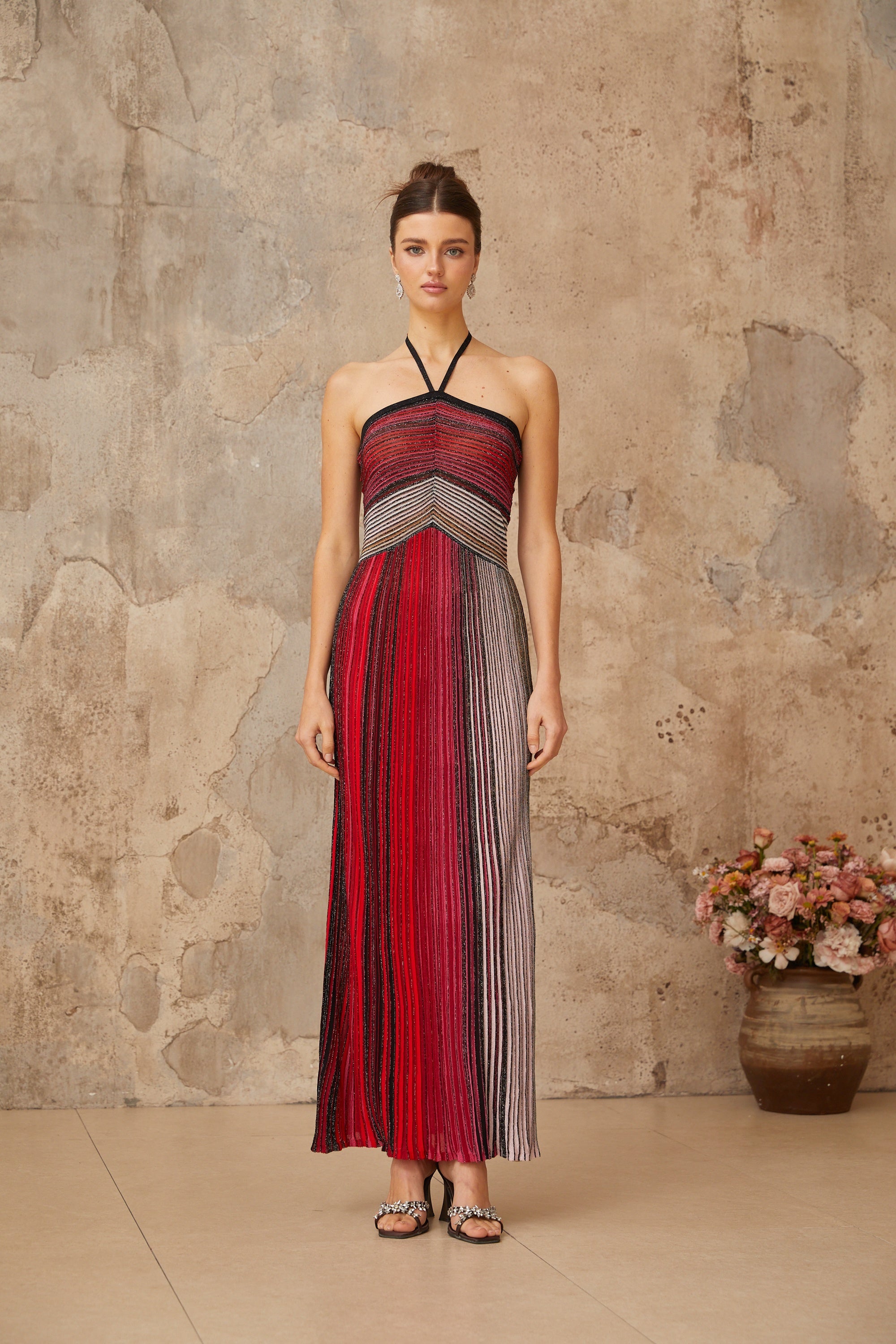 Ulysse halterneck metallic knit maxi dress in Red