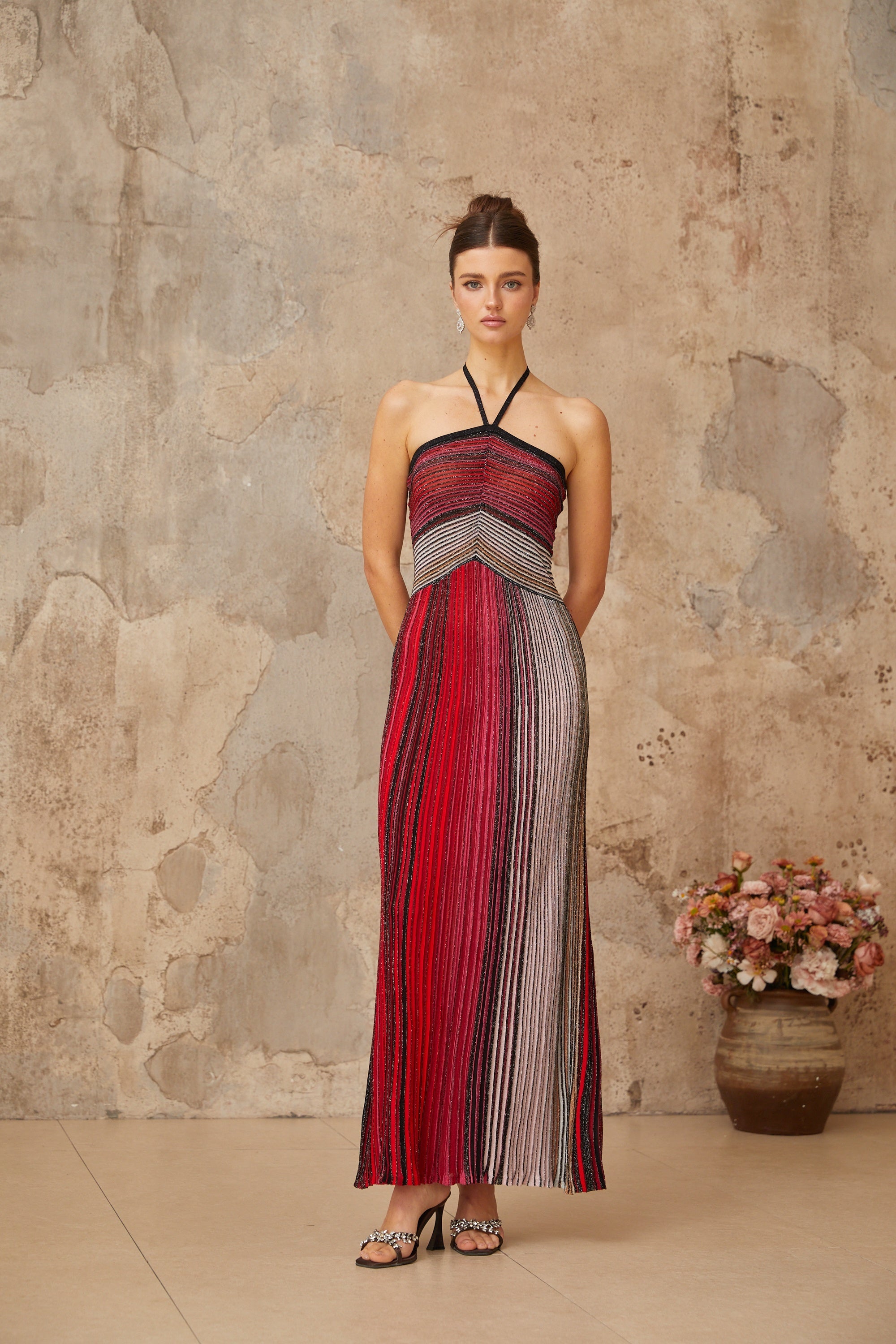 Ulysse halterneck metallic knit maxi dress in Red