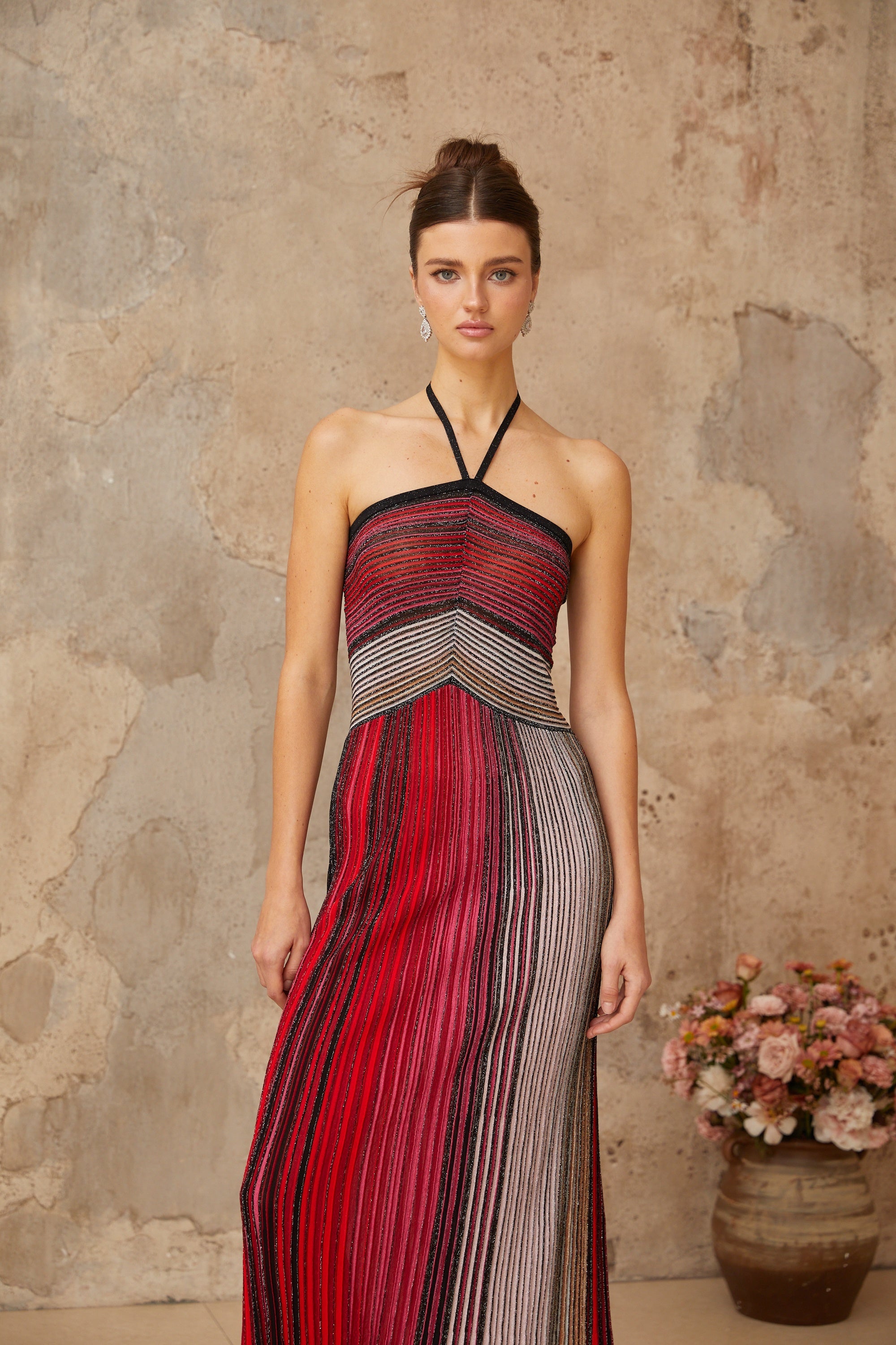 Ulysse halterneck metallic knit maxi dress in Red