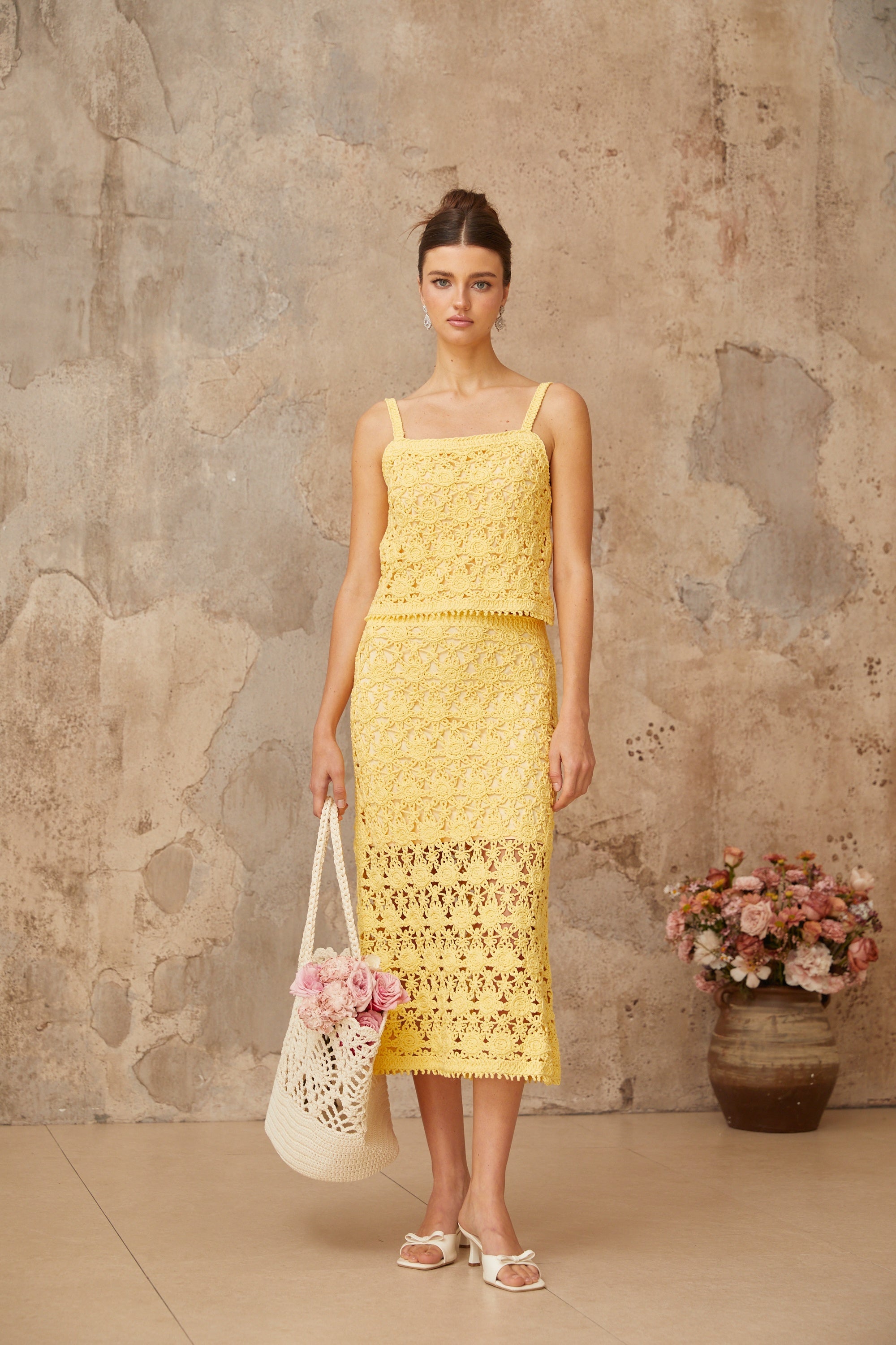 Isoline yellow crochet-knit top & skirt matching set