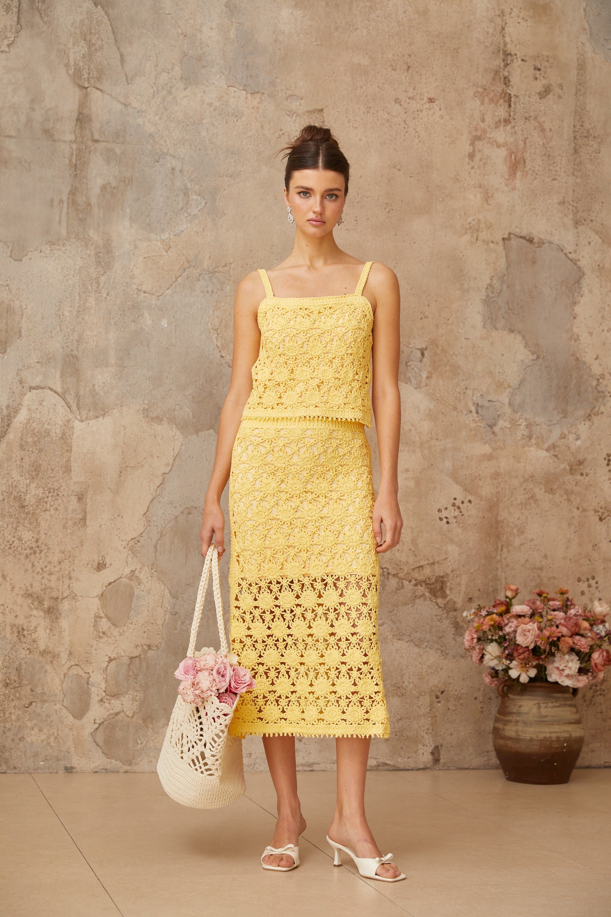 Isoline yellow crochet-knit top & skirt matching set