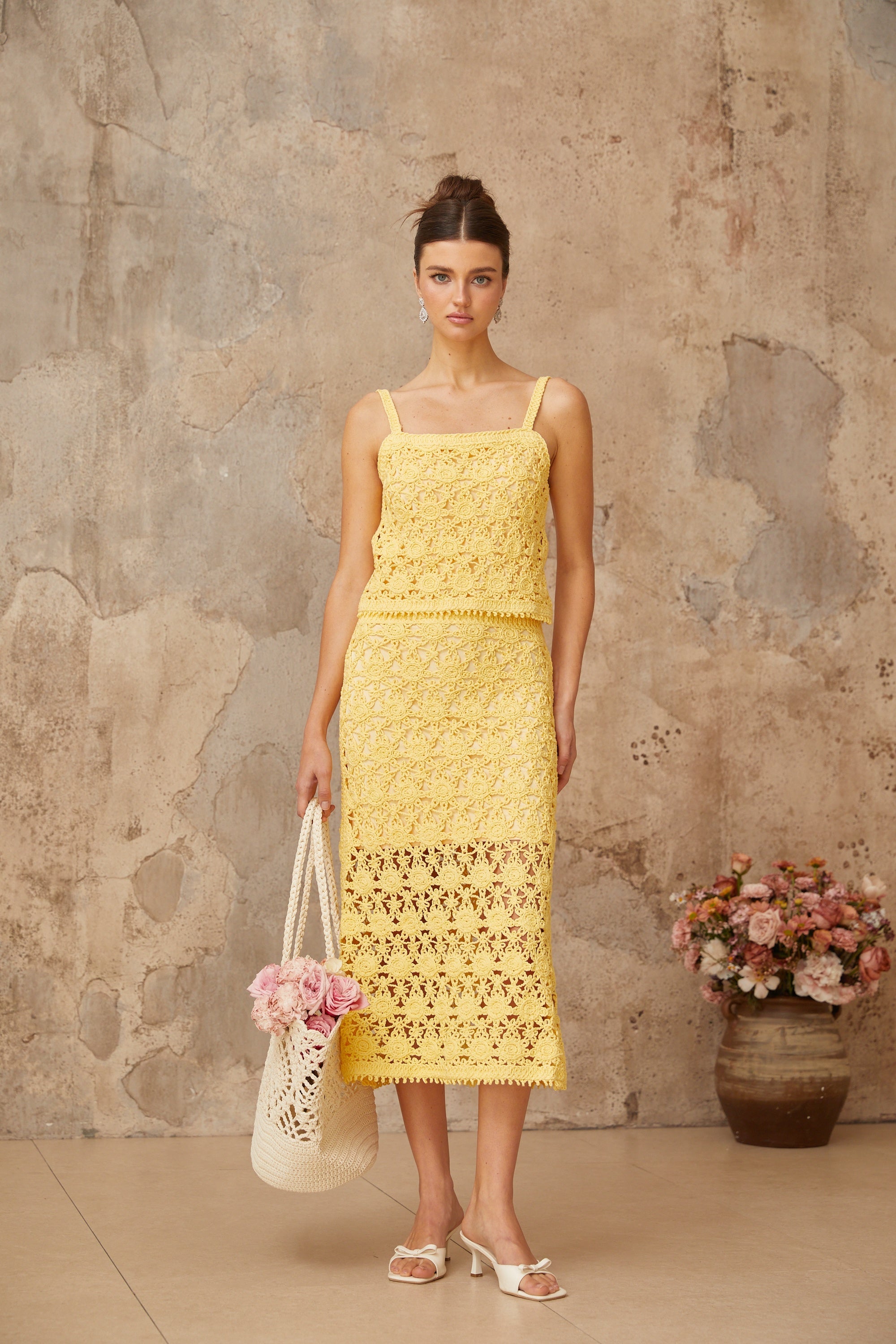 Isoline yellow crochet-knit top & skirt matching set