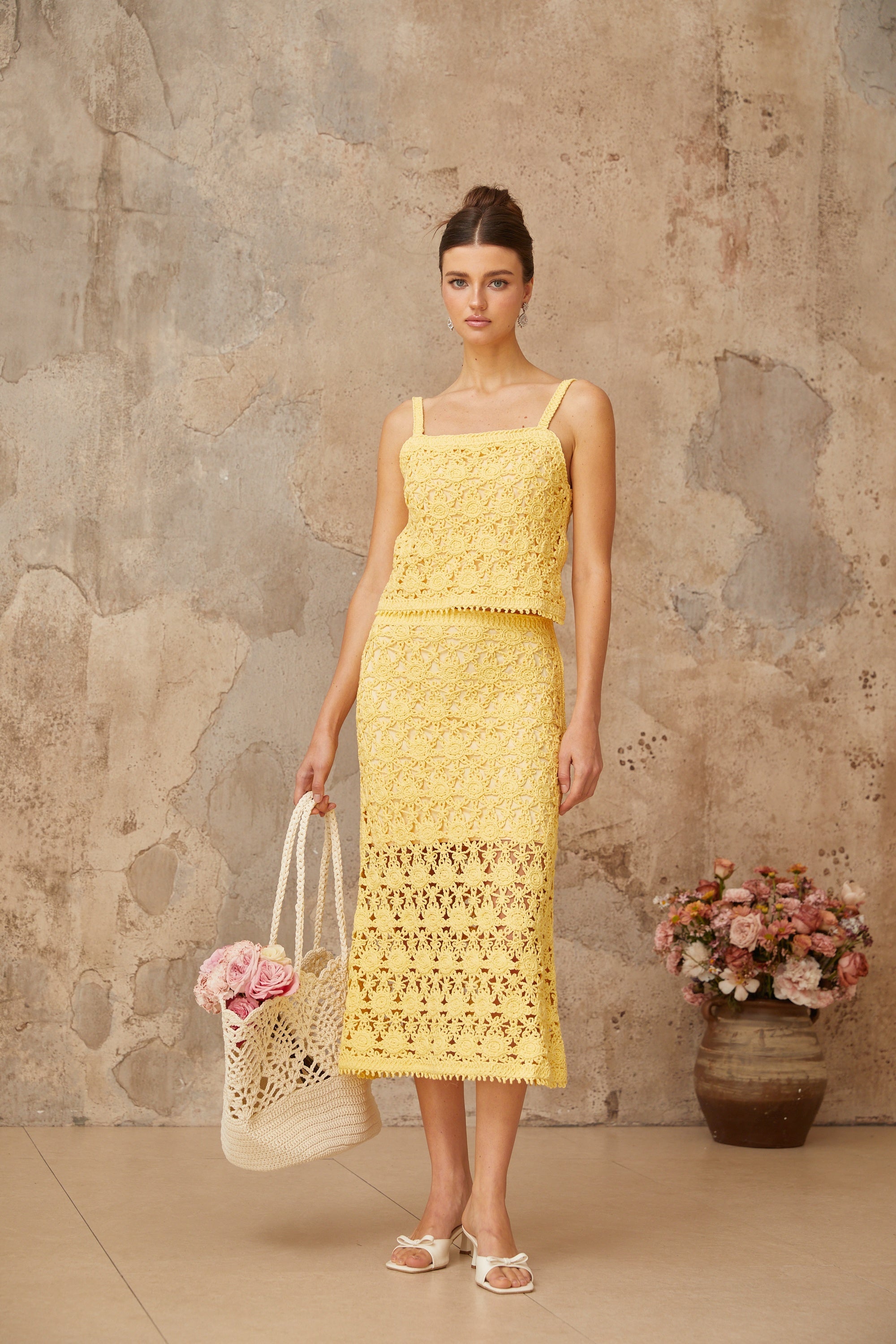 Isoline yellow crochet-knit top & skirt matching set