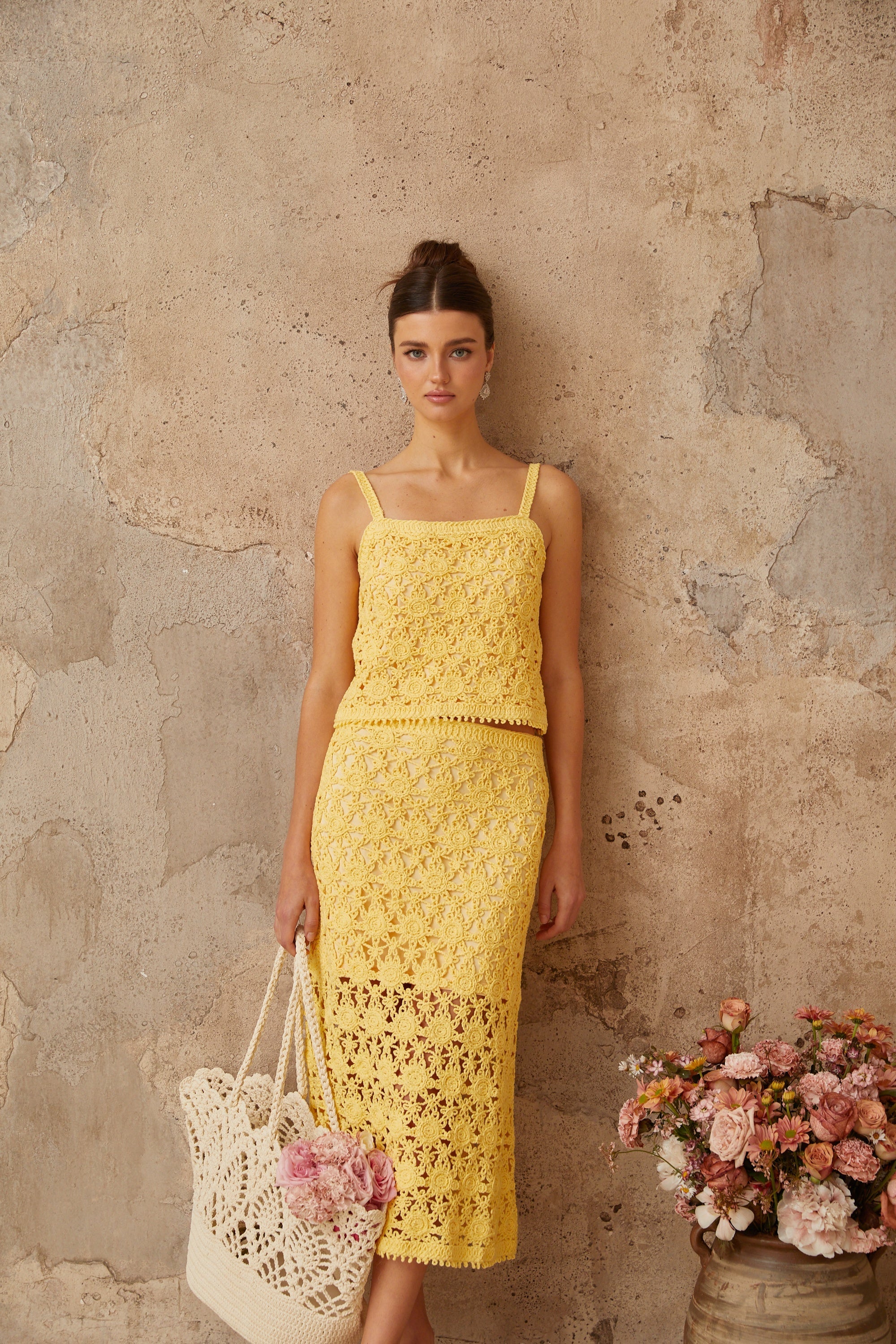 Isoline yellow crochet-knit top & skirt matching set