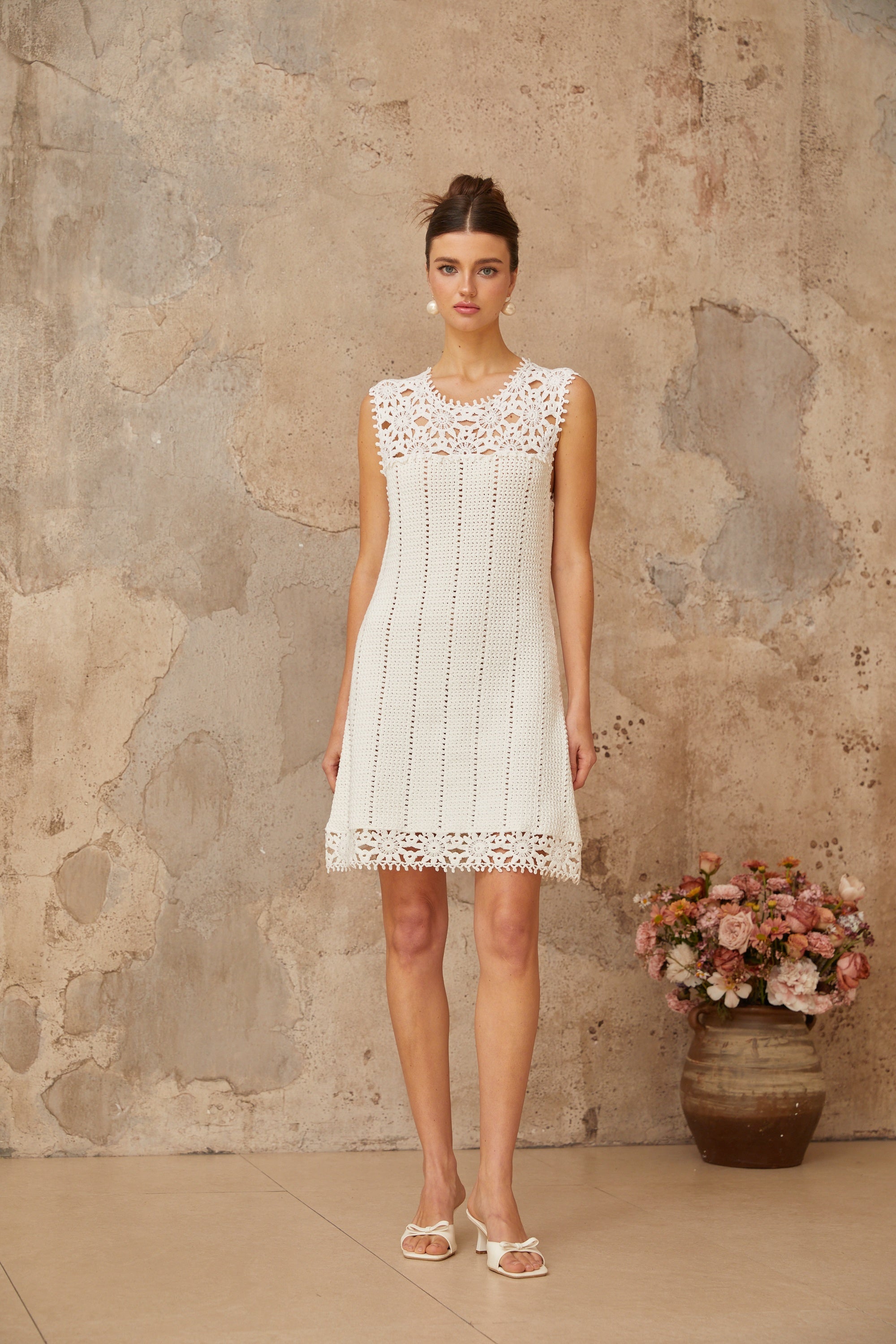 Gisèle white floral-appliqué crochet-knit mini dress