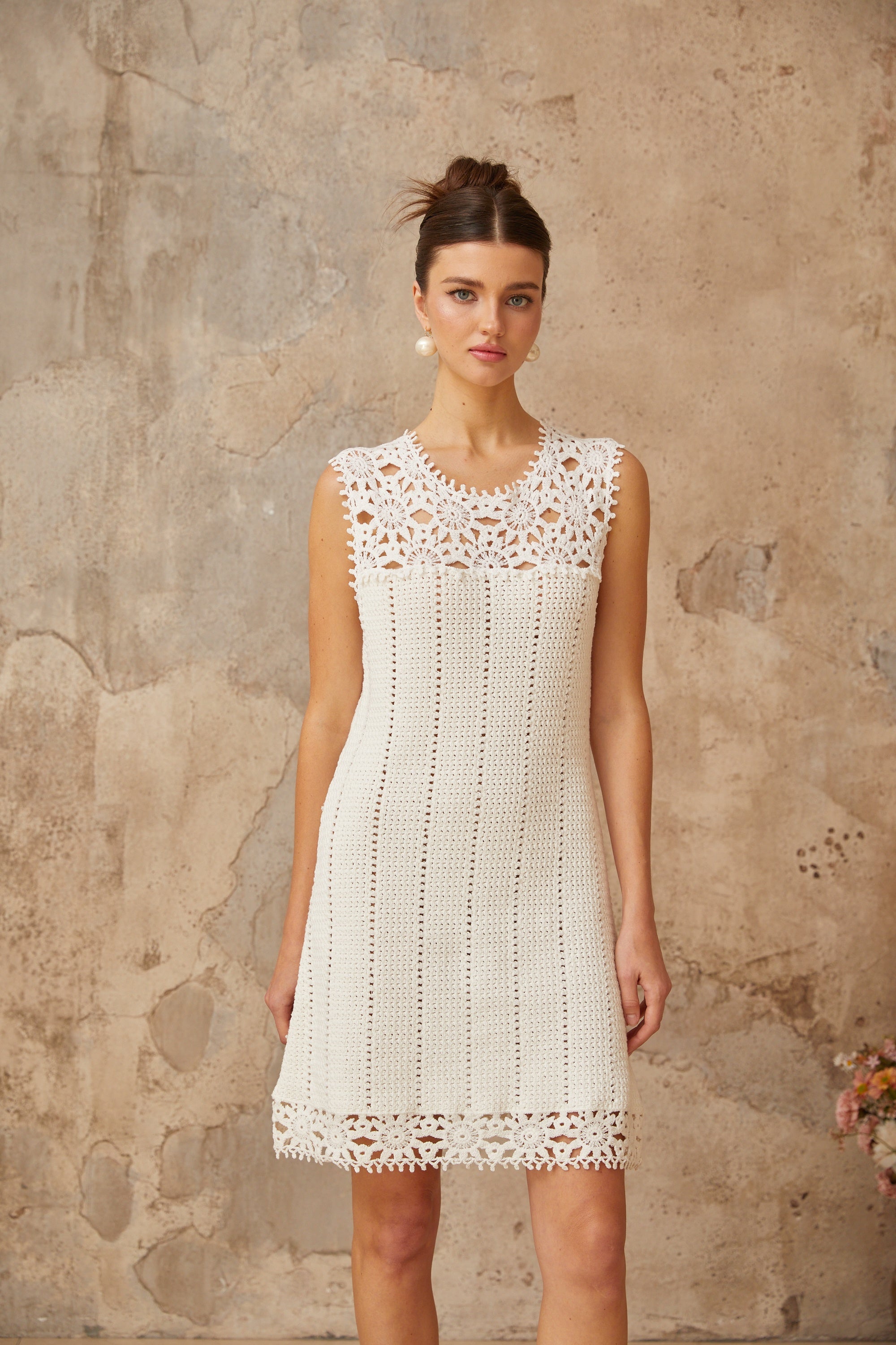 Gisèle white floral-appliqué crochet-knit mini dress