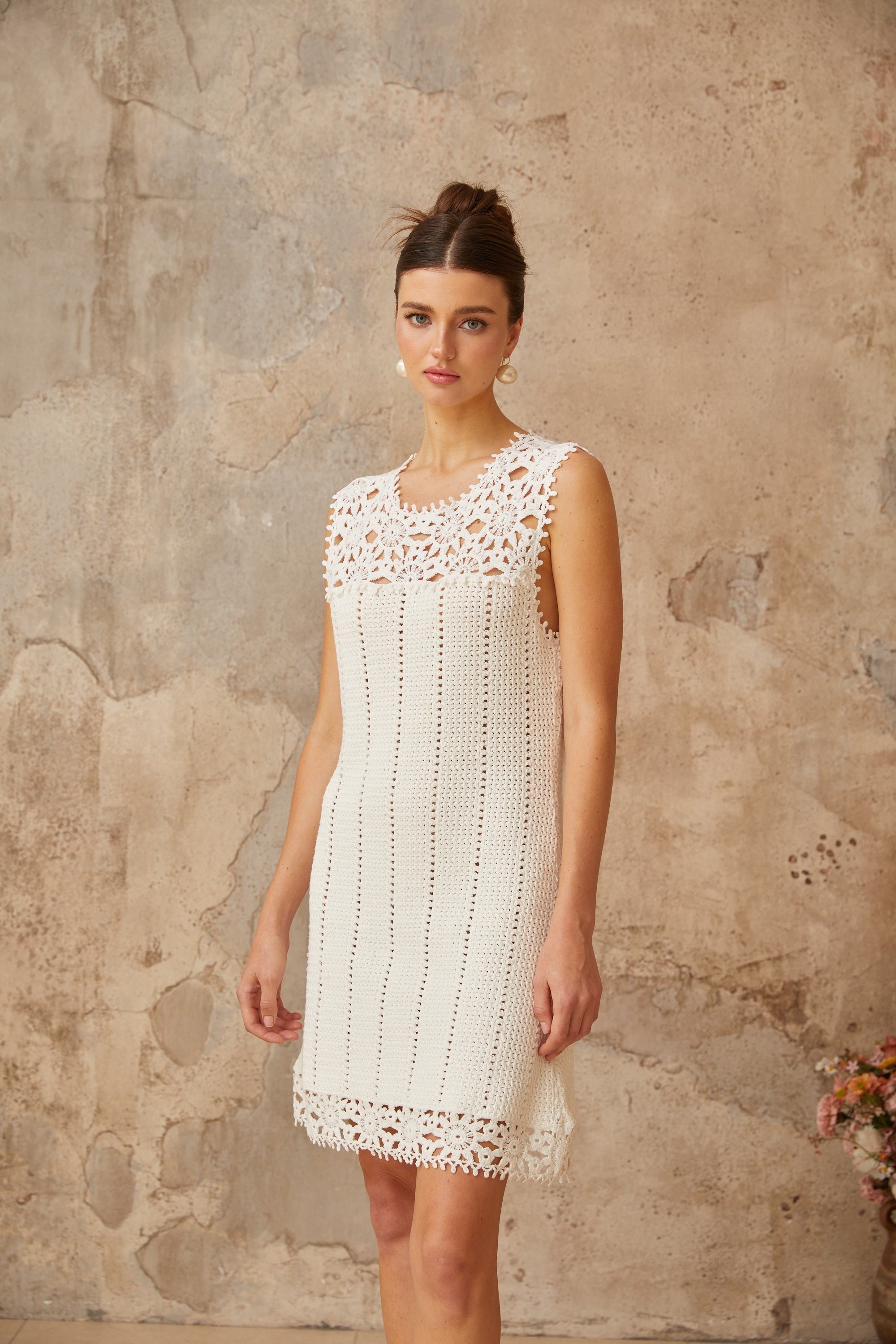 Gisèle white floral-appliqué crochet-knit mini dress