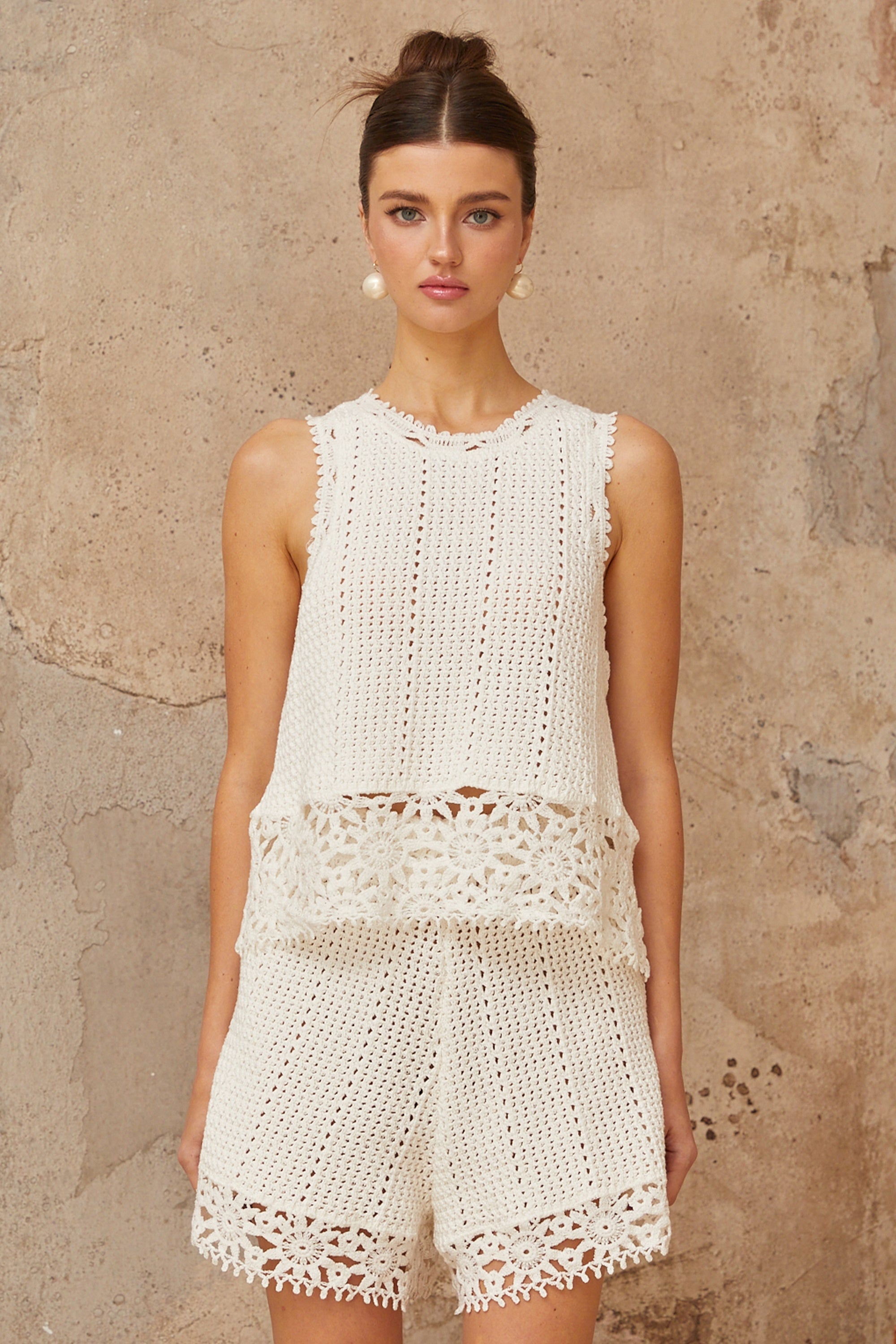 Gisèle white floral-appliqué crochet-knit top & shorts matching set