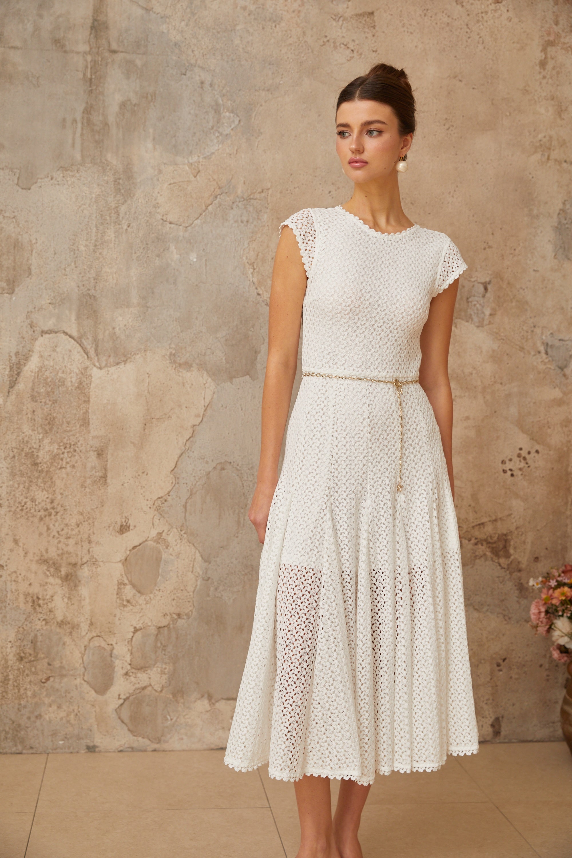 Giada white shirred crochet-knit midi dress