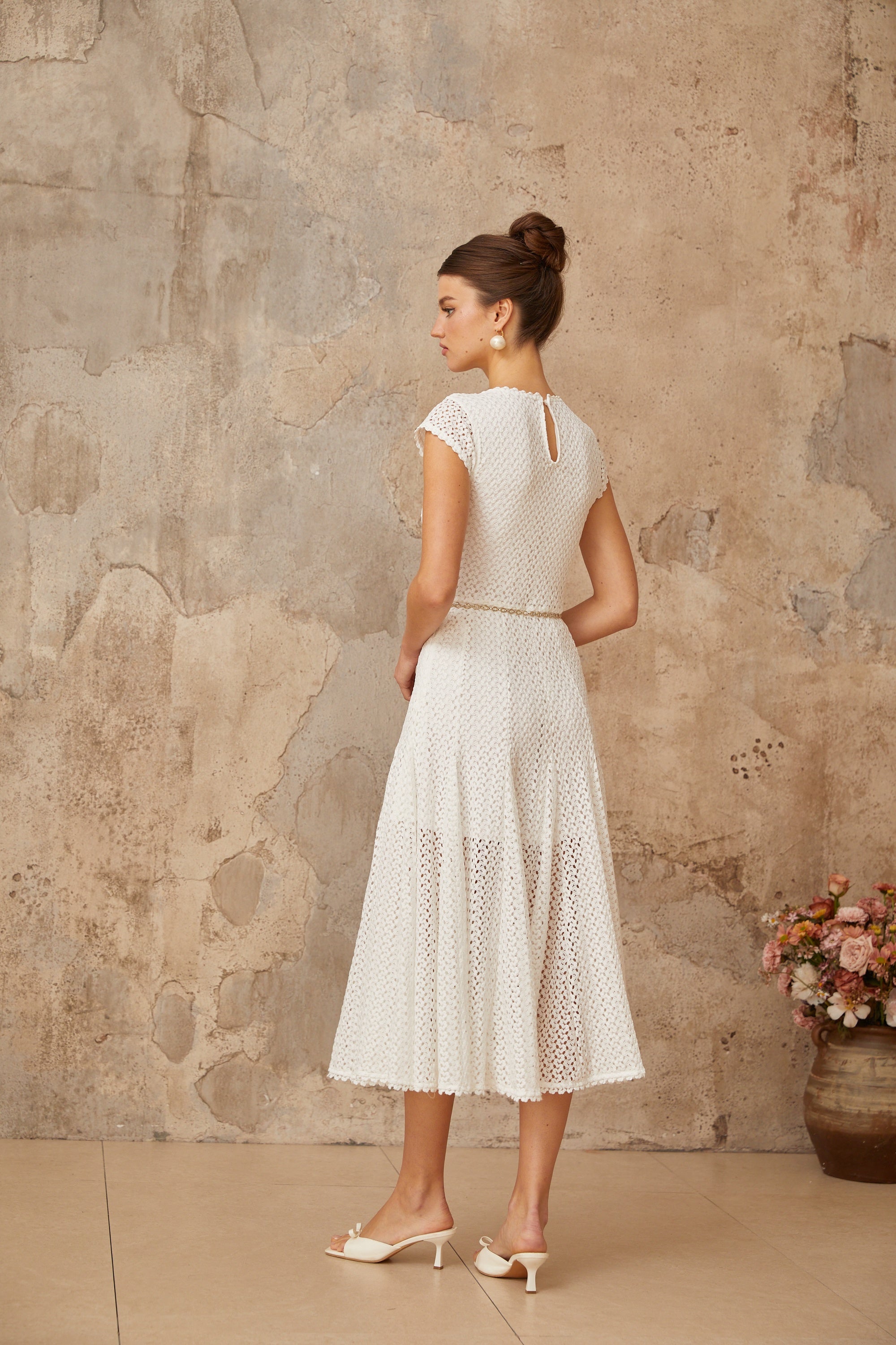Giada white shirred crochet-knit midi dress